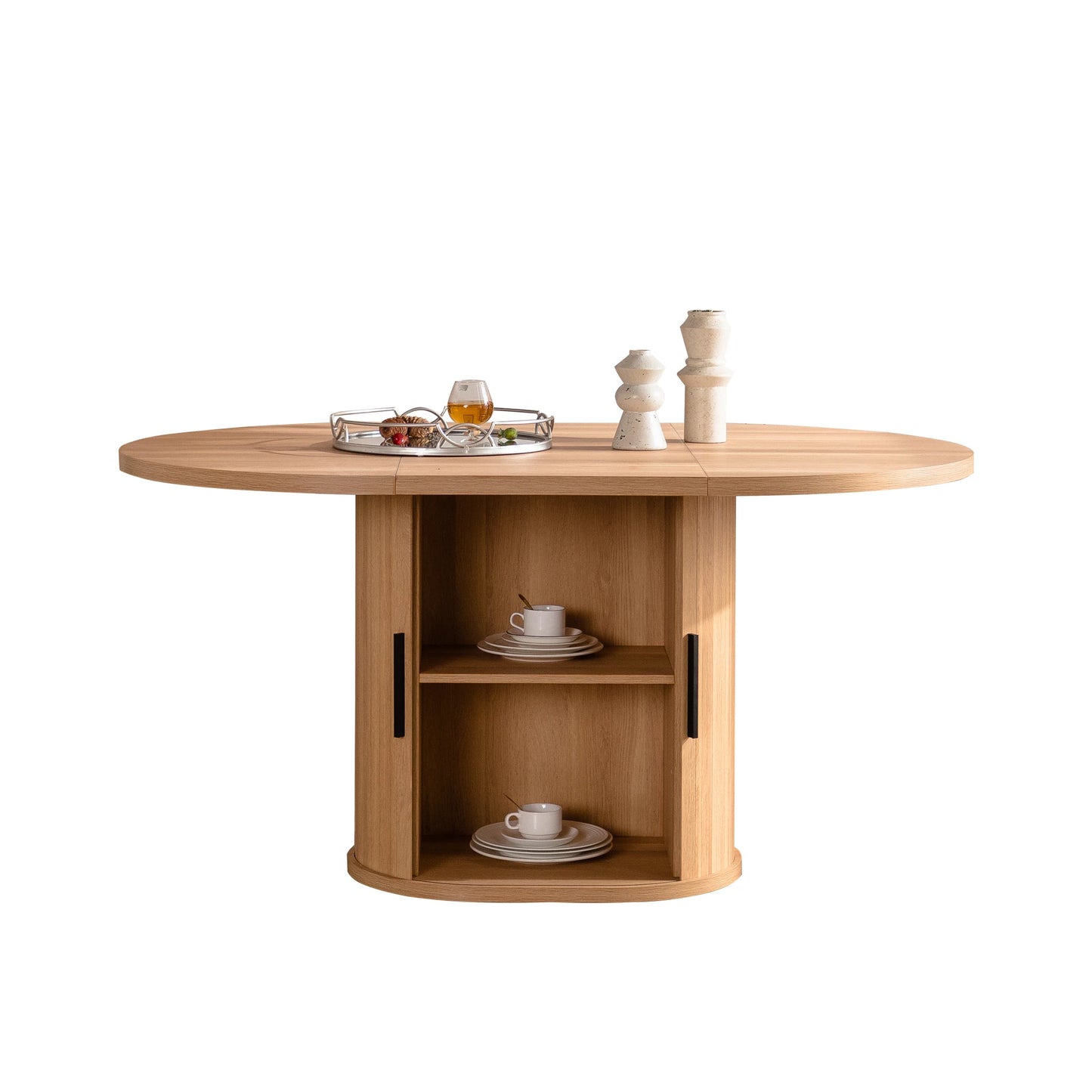 Modern Oval Dining Table with 2-Layer Storage Shelf and Assembled Dining Room Furniture for Home