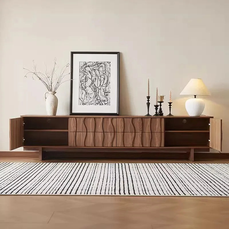 High-End Solid Wood TV Cabinet and Coffee Table Combination Black Walnut Color Floor-Standing Furniture for Living Room Use