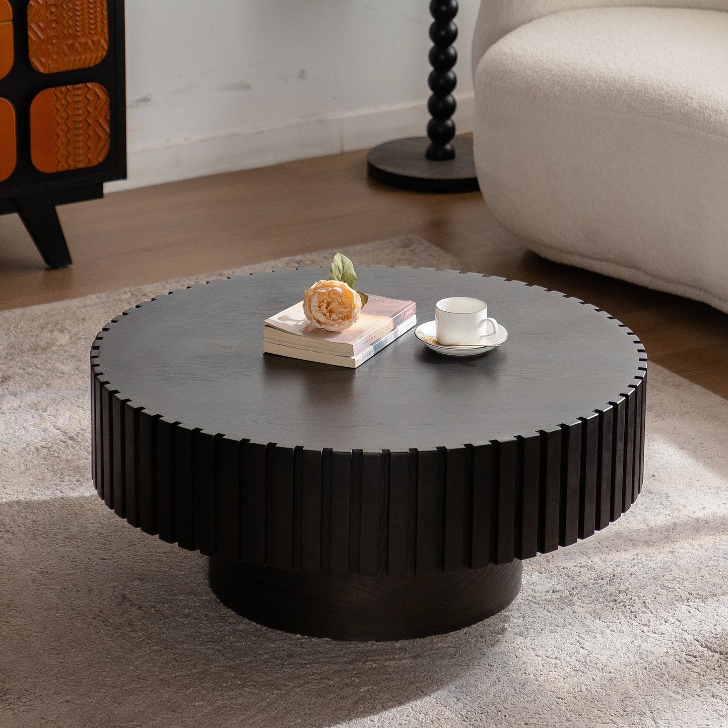 Hot Sale Modern Black Round Table 3D Vertical Grain Coffee Table Set Black Wood Center Table for Home Furniture