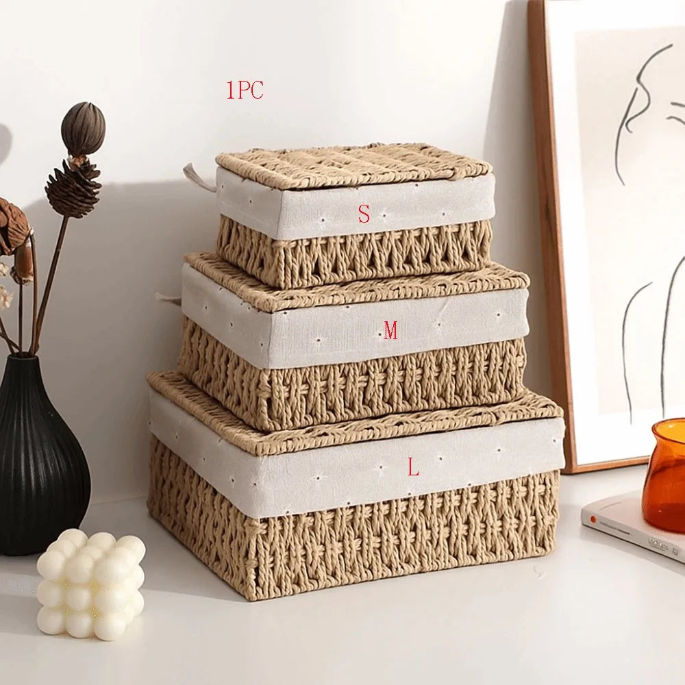 Hand Woven Wicker Storage Baskets Bohemia Hollow Out Decorative Bins Rectangular Portable Storage Basket Desk Decoration
