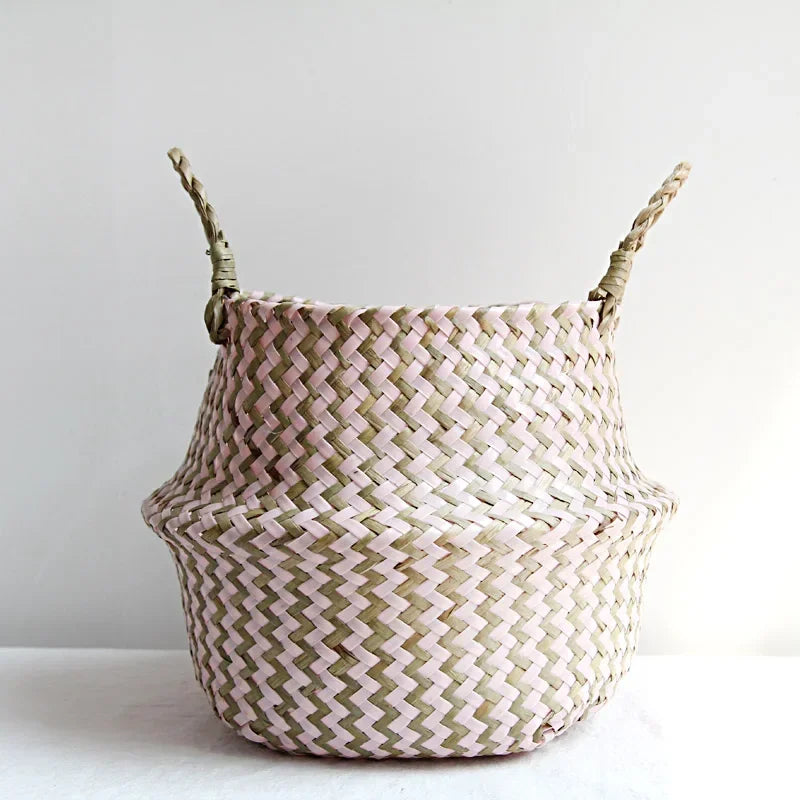Home Cestas Mimbre Striped Wicker Storage Baskets Laundry Basket Handmade Collapsible Straw Patchwork Seagrass Osier Panier