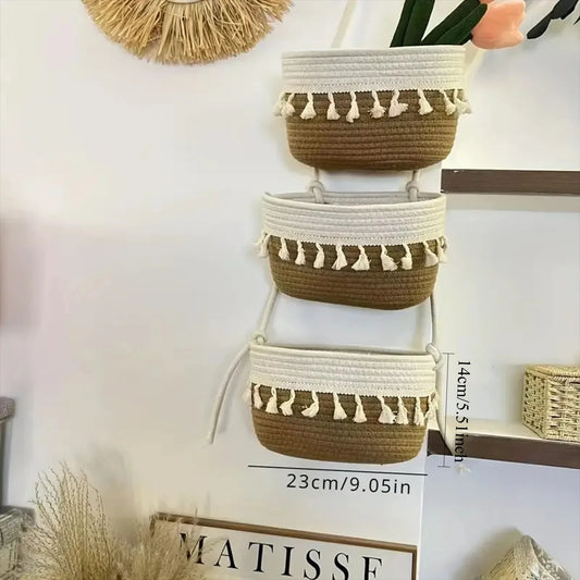 3 Tier Hanging Rope Basket Wall Basket Boho Wall Decorative Woven Storage Sundries Cosmetics Box Basket Closet Living Room