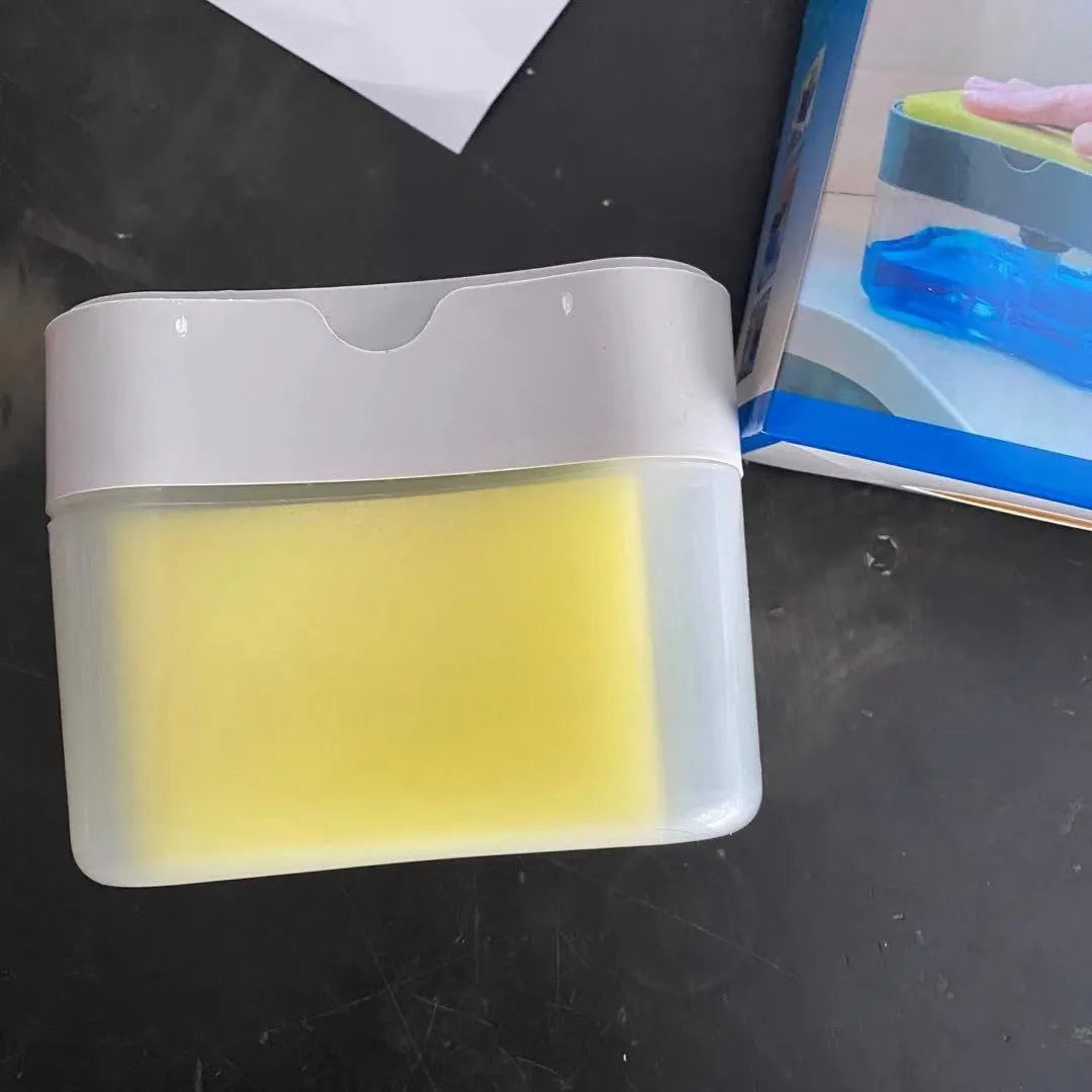 Kitchen cleaning essentials: dishwashing dispenser, auto liquid box, pot/dish brush, scouring pad, pot cleaner