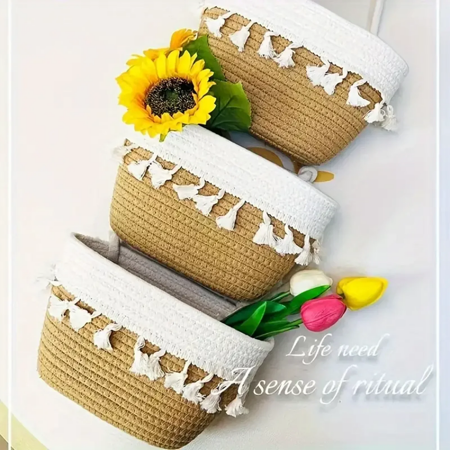 3 Tier Hanging Rope Basket Wall Basket Boho Wall Decorative Woven Storage Sundries Cosmetics Box Basket Closet Living Room