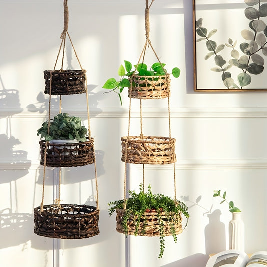 Woven Grass Hanging Basket – Natural Rattan Boho Planter