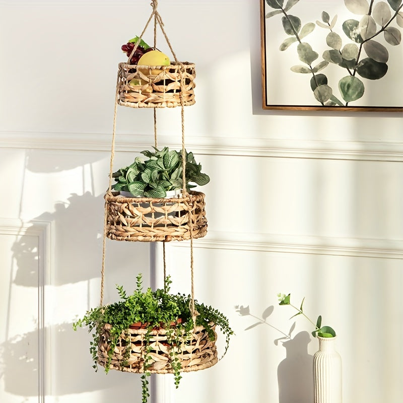 Woven Grass Hanging Basket – Natural Rattan Boho Planter