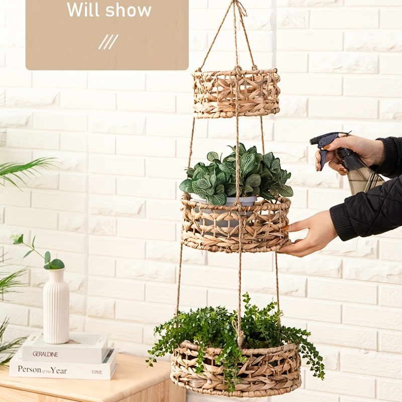 Woven Grass Hanging Basket – Natural Rattan Boho Planter