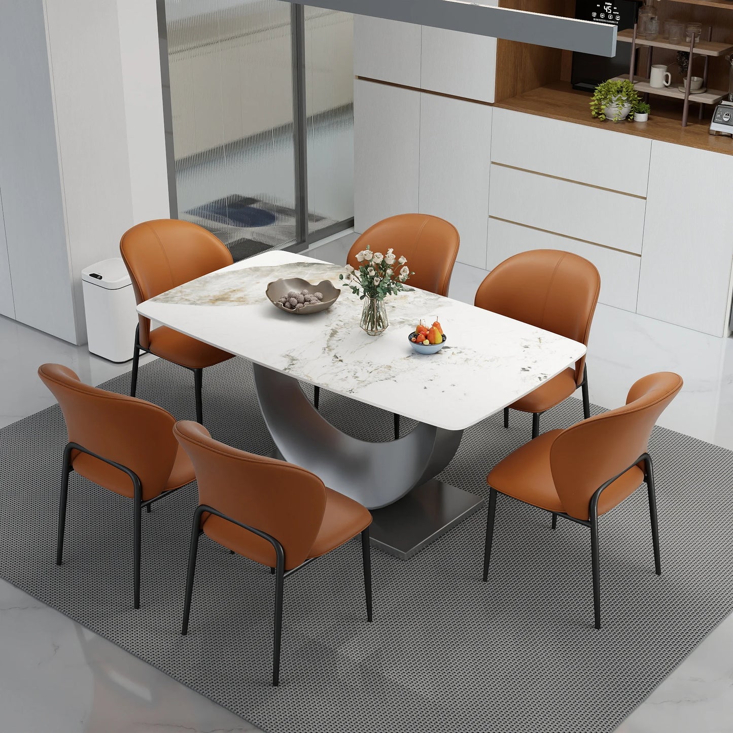 Voxhome US Drop Shipping Dining Room Furniture Luxury Marble Texture Dining Table Sintered Stone Top Gold Base Dinner Table Set