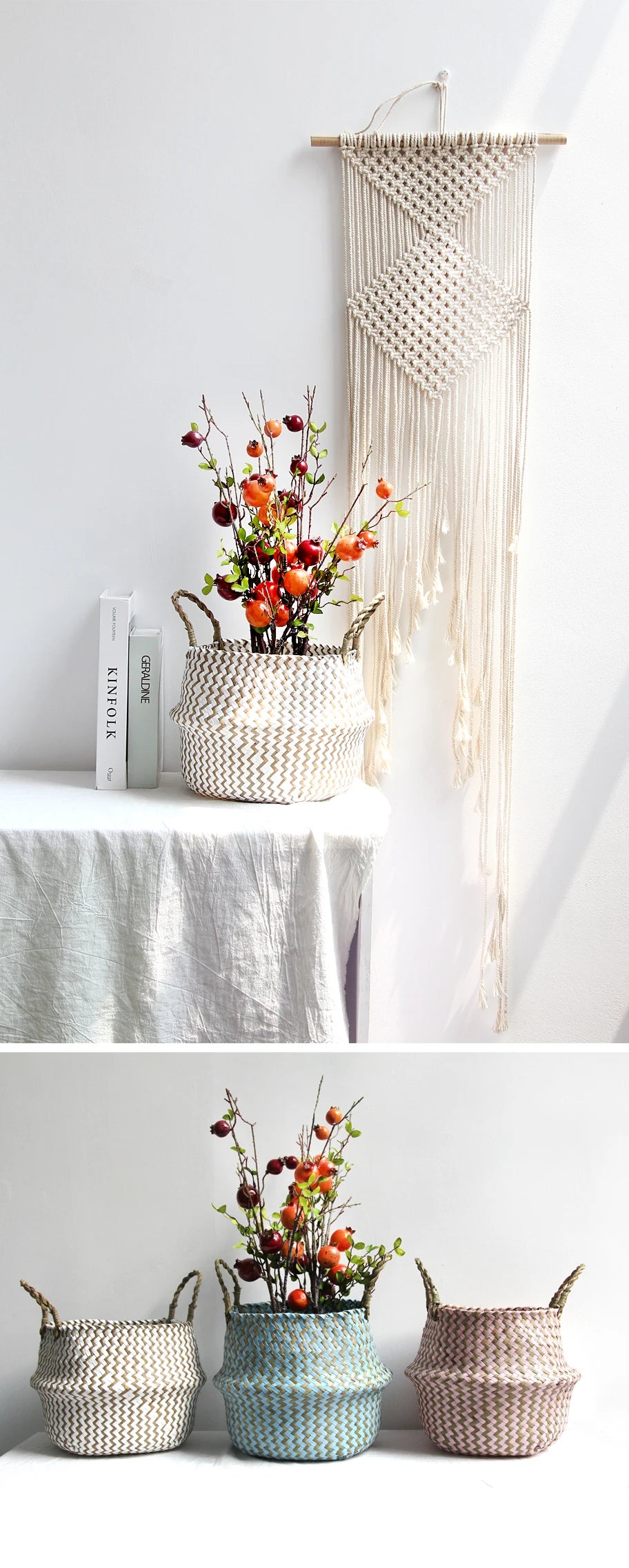 Home Cestas Mimbre Striped Wicker Storage Baskets Laundry Basket Handmade Collapsible Straw Patchwork Seagrass Osier Panier