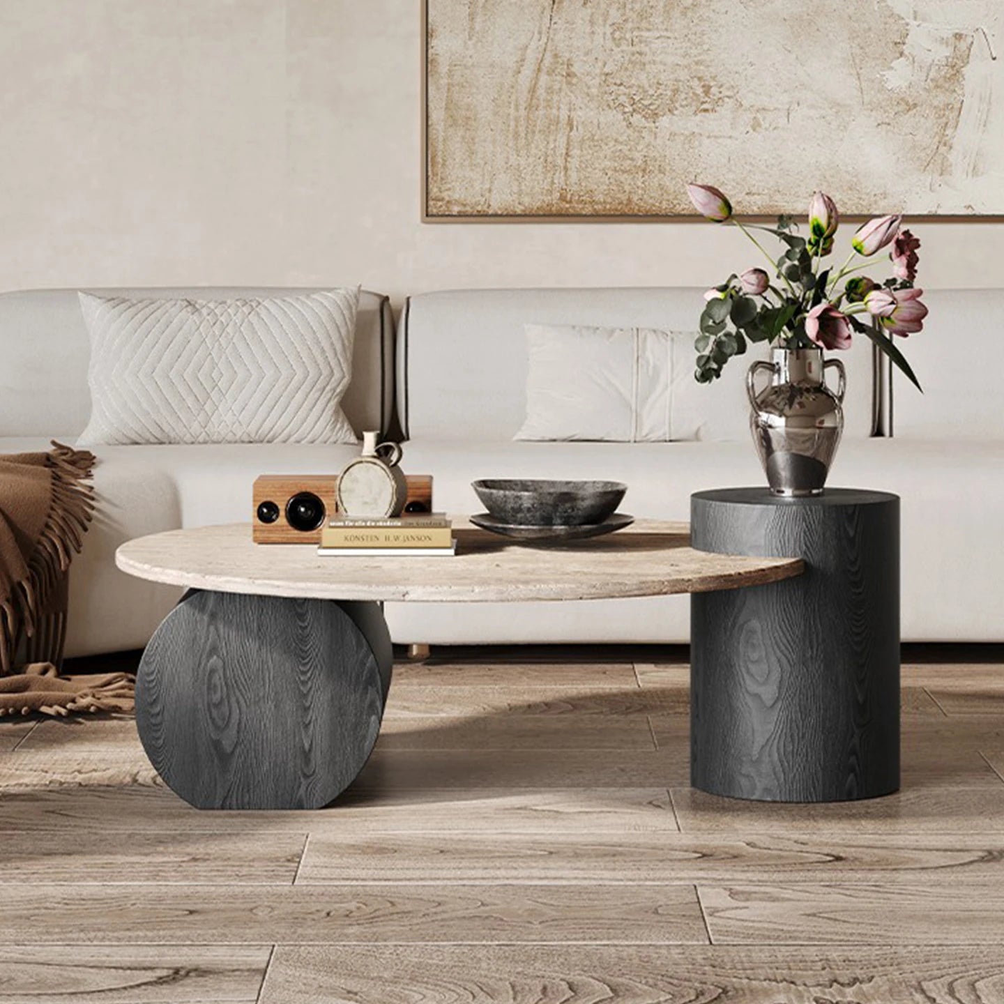 Modern Design Travertine Round Coffee Table Set for Living Room Furniture with Marble Finish Home Decor