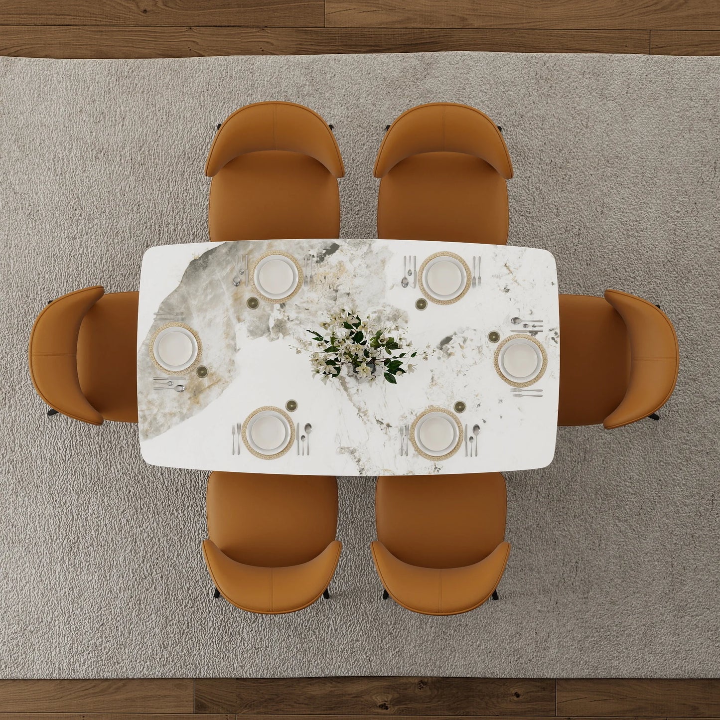 Voxhome US Drop Shipping Dining Room Furniture Luxury Marble Texture Dining Table Sintered Stone Top Gold Base Dinner Table Set