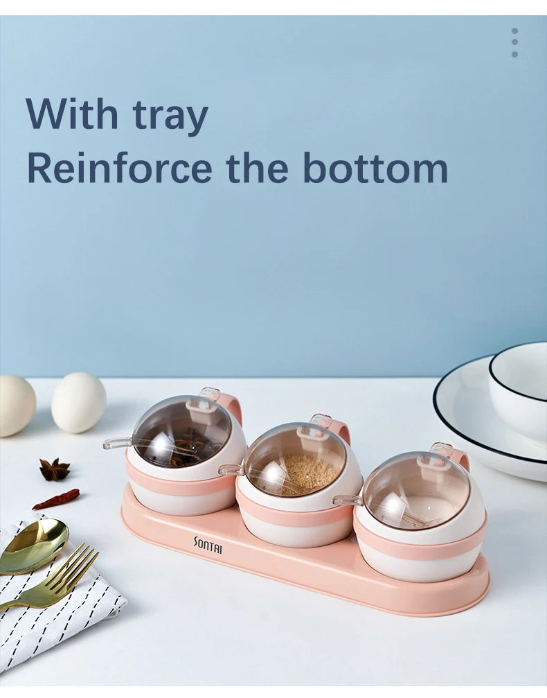 Kitchen Seasoning Box, Condiment Organizer, Spices Rack Storage Jars with Spoon Lid, Salt, Sugar and Pepper Shakers