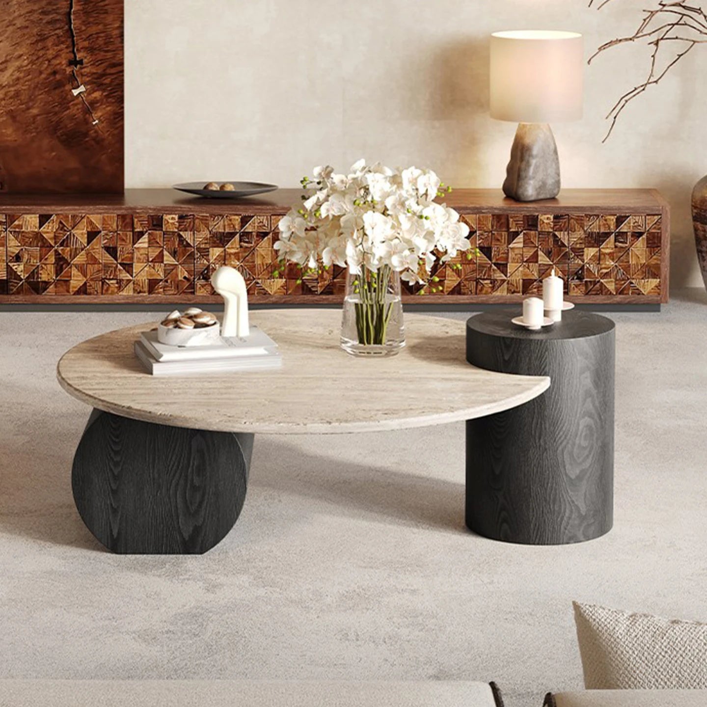 Modern Design Travertine Round Coffee Table Set for Living Room Furniture with Marble Finish Home Decor