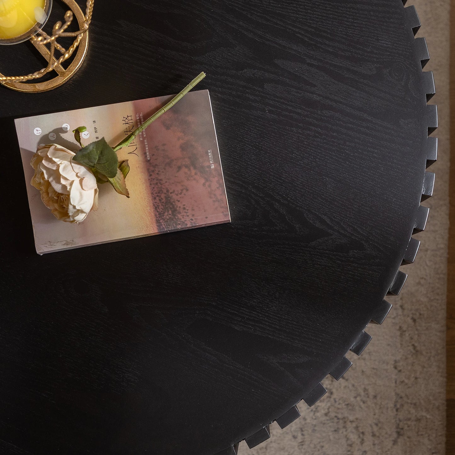 Hot Sale Modern Black Round Table 3D Vertical Grain Coffee Table Set Black Wood Center Table for Home Furniture