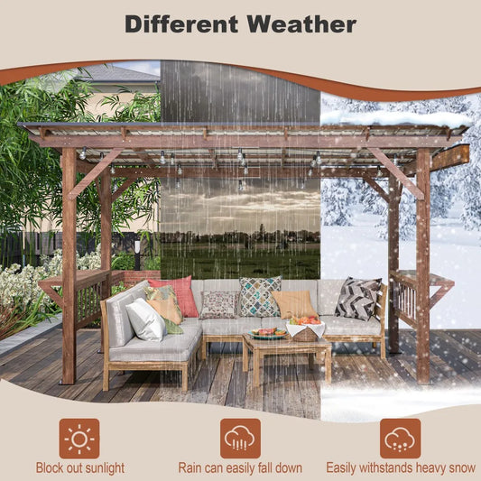 13' X 6.5' Modern Wooden Pergola Grill Gazebo Metal Roof LED Bulbs Bar Counters Outdoor BBQ Pavilion Patio Outdoor Furniture