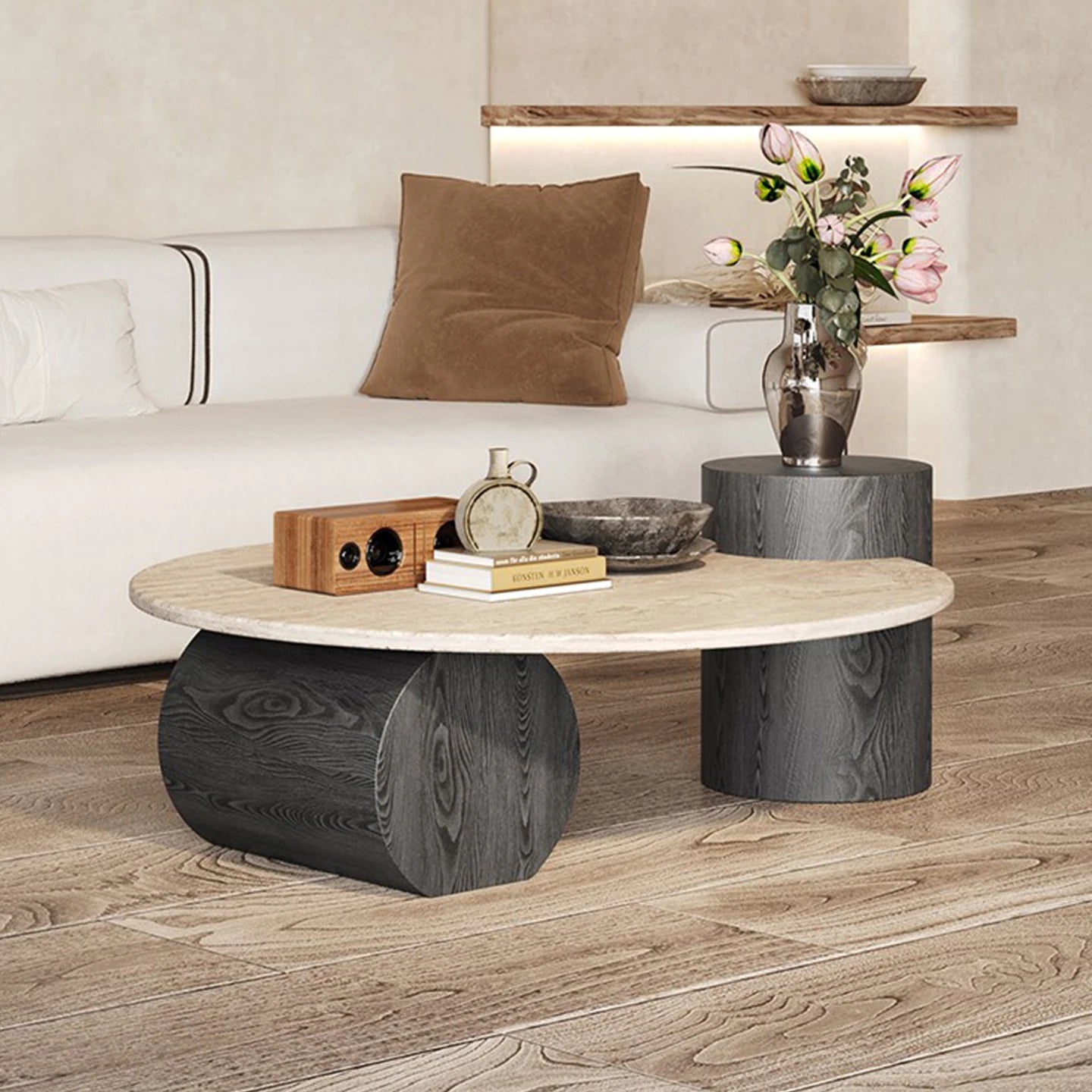 Modern Design Travertine Round Coffee Table Set for Living Room Furniture with Marble Finish Home Decor