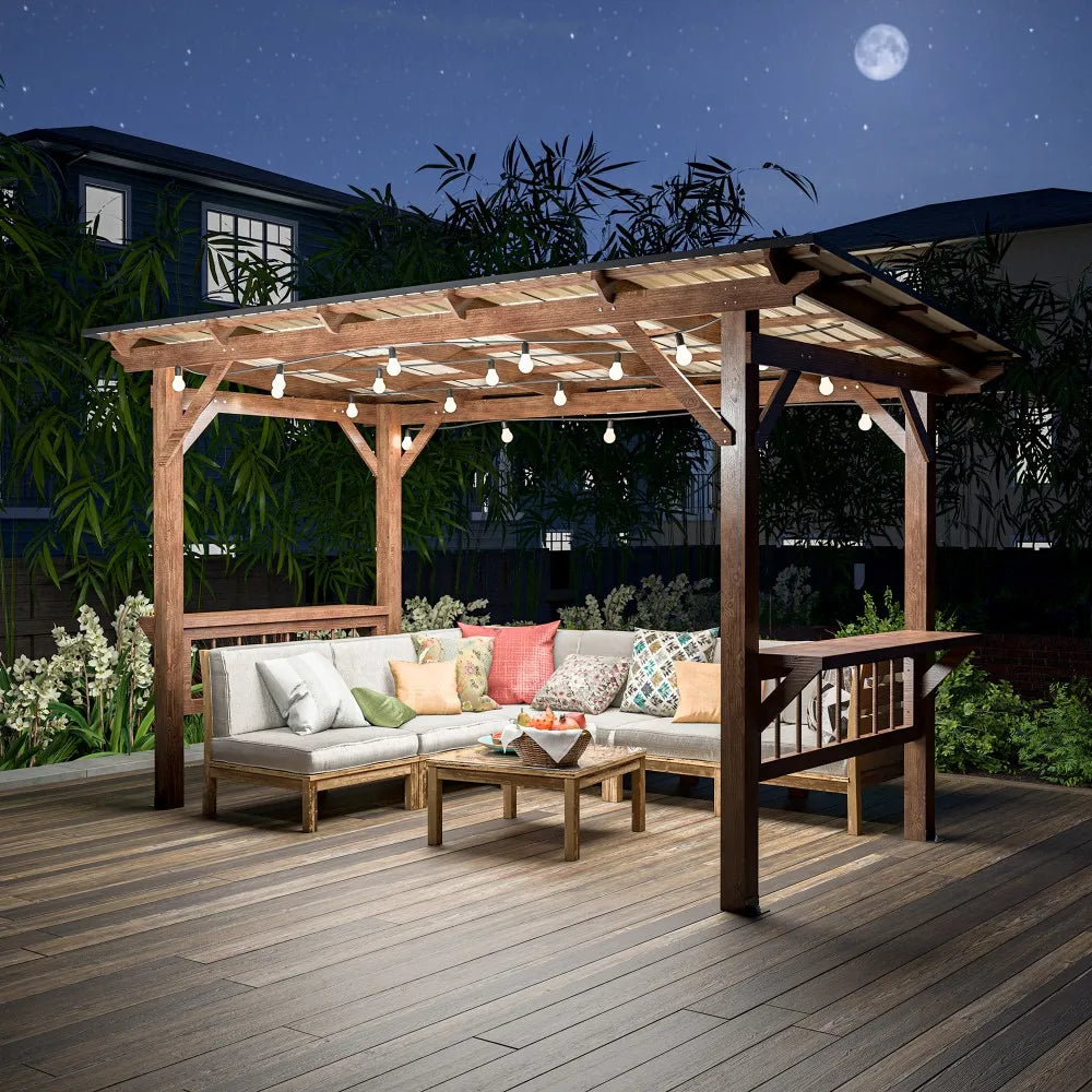 Modern Wooden Pergola Grill Gazebo with Metal Roof, LED Lighting & Bar Counters (13′ × 6.5′)