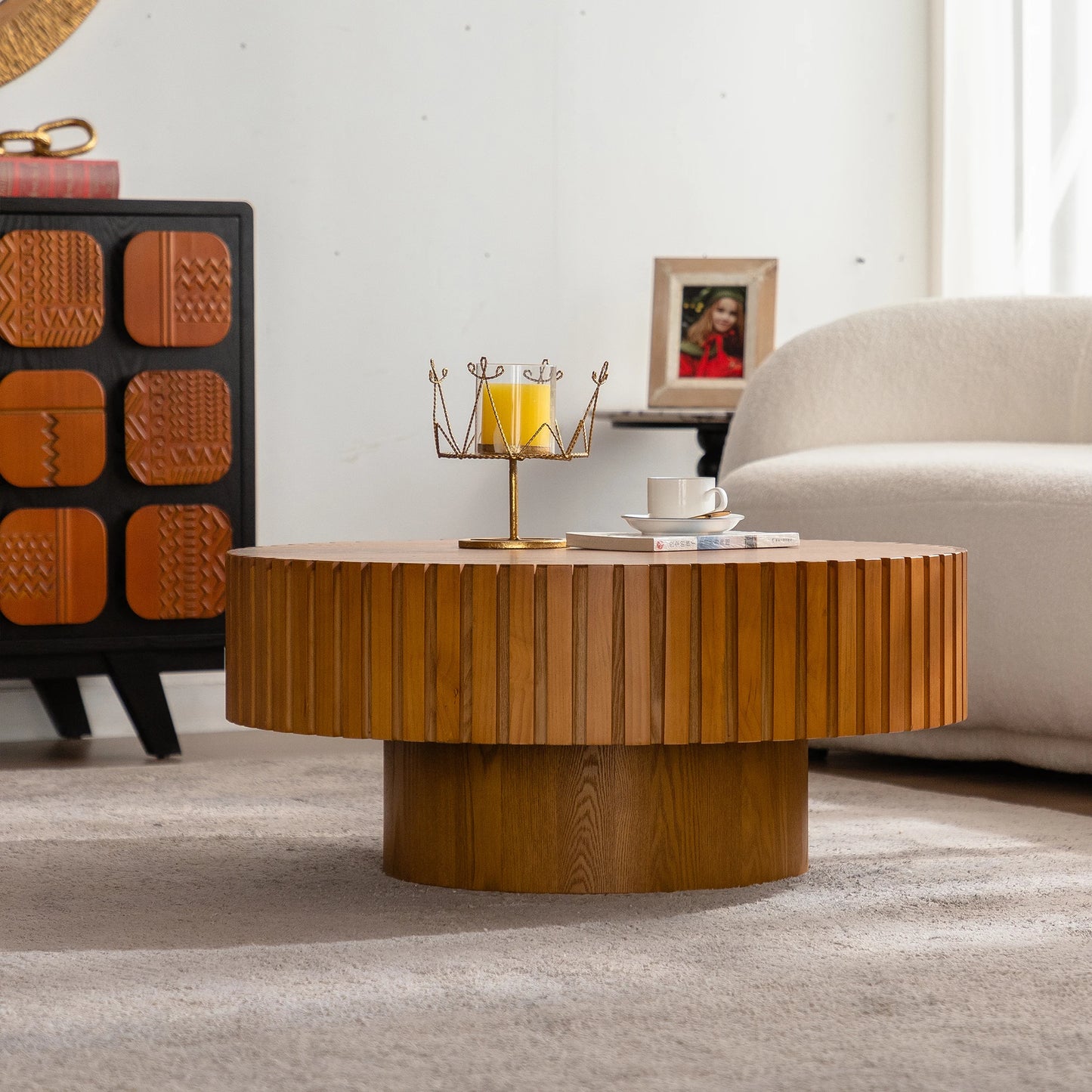 Hot Sale Modern 3D Vertical Grain Coffee Table Set  Wood Round Center Table for Living Room for Home Furniture