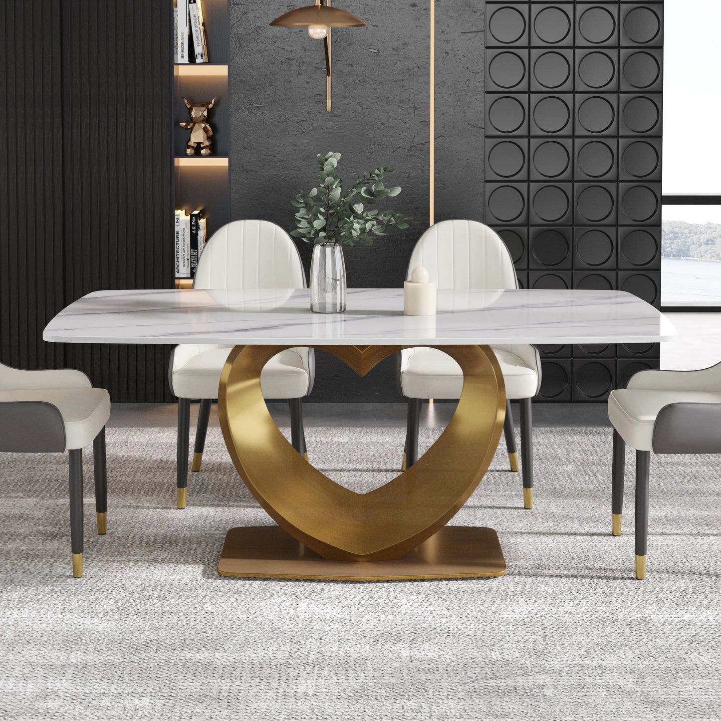 Voxhome US Drop Shipping Home Furniture Luxury Rectangle Dining Table Sintered Stone Marble Texture Top Gold Base Dinner Table