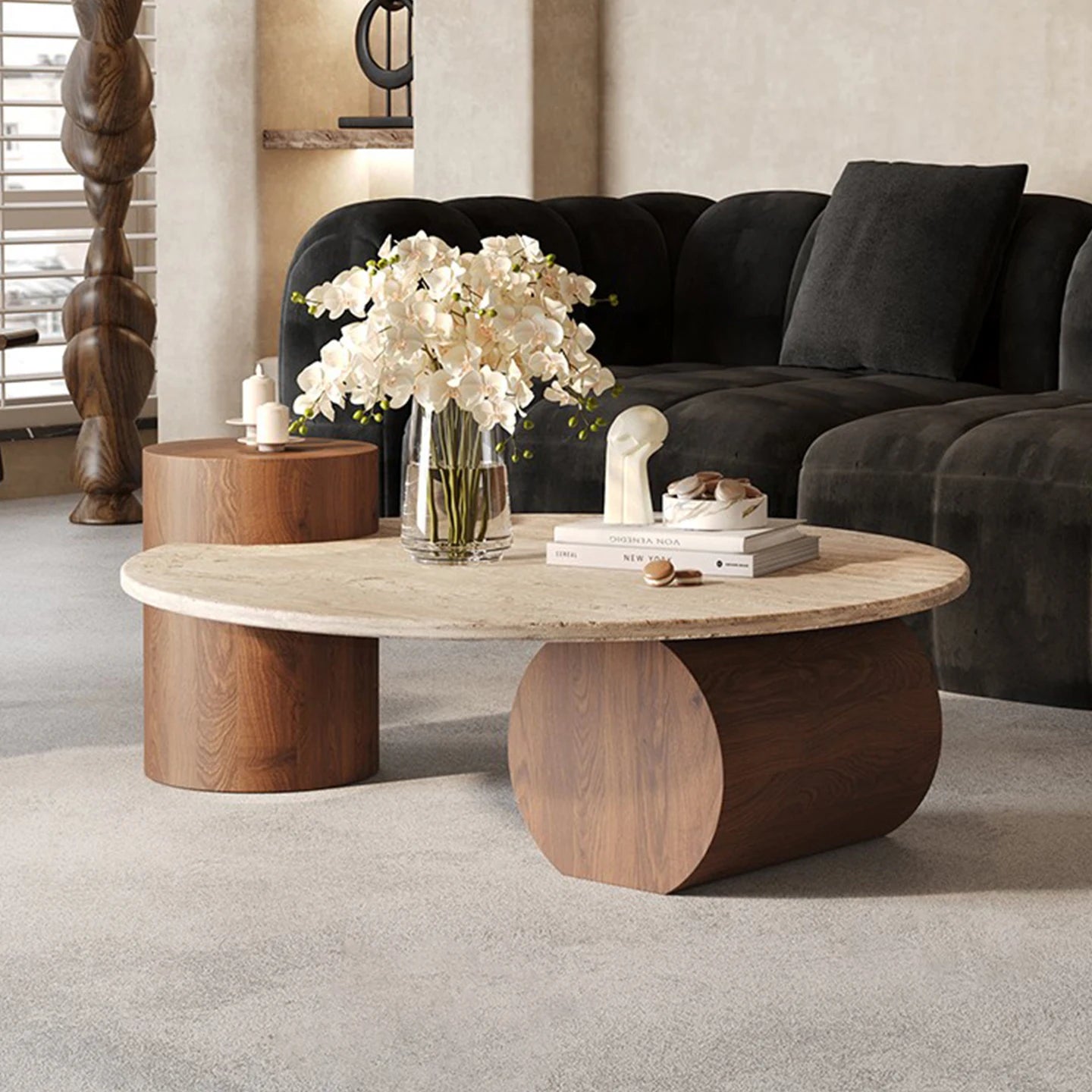 Modern Design Travertine Round Coffee Table Set for Living Room Furniture with Marble Finish Home Decor
