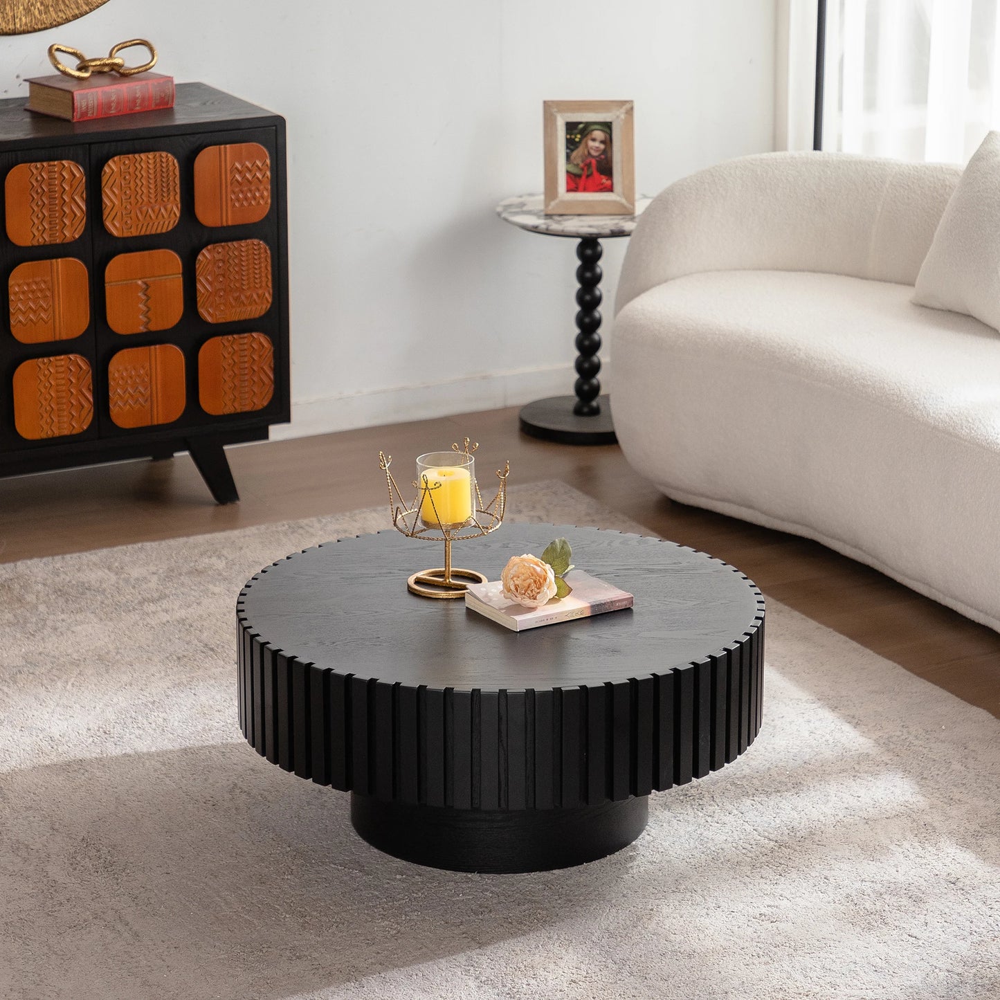 Hot Sale Modern Black Round Table 3D Vertical Grain Coffee Table Set Black Wood Center Table for Home Furniture