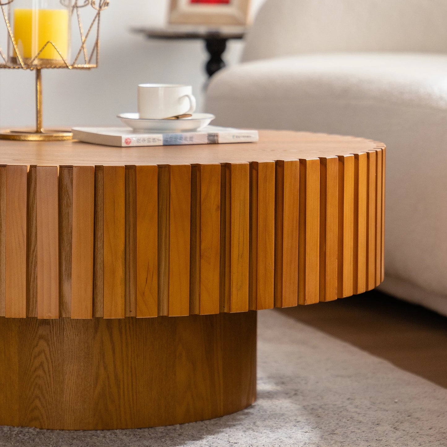 Hot Sale Modern 3D Vertical Grain Coffee Table Set  Wood Round Center Table for Living Room for Home Furniture