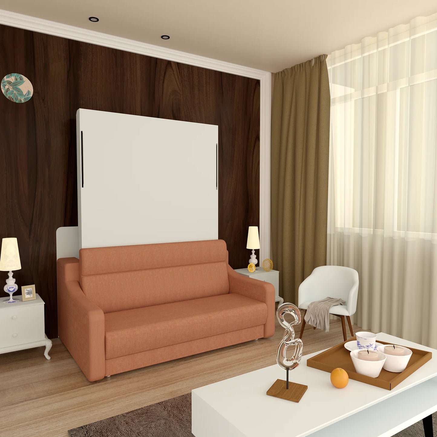 Modern Transformable Folding Sofa Wall Bed Space-Saving US Stock Bedroom Furniture with Wood Panel Style