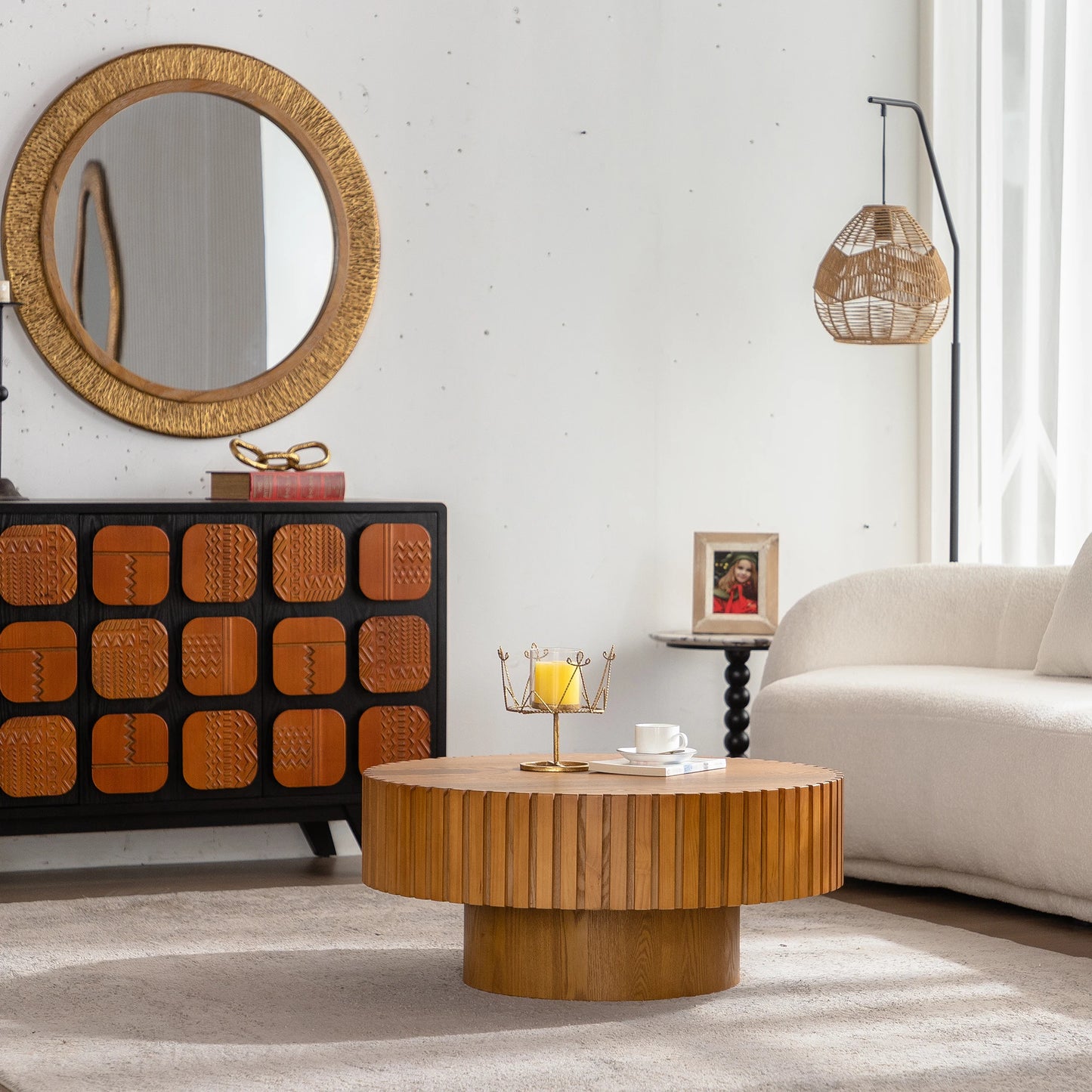 Hot Sale Modern 3D Vertical Grain Coffee Table Set  Wood Round Center Table for Living Room for Home Furniture