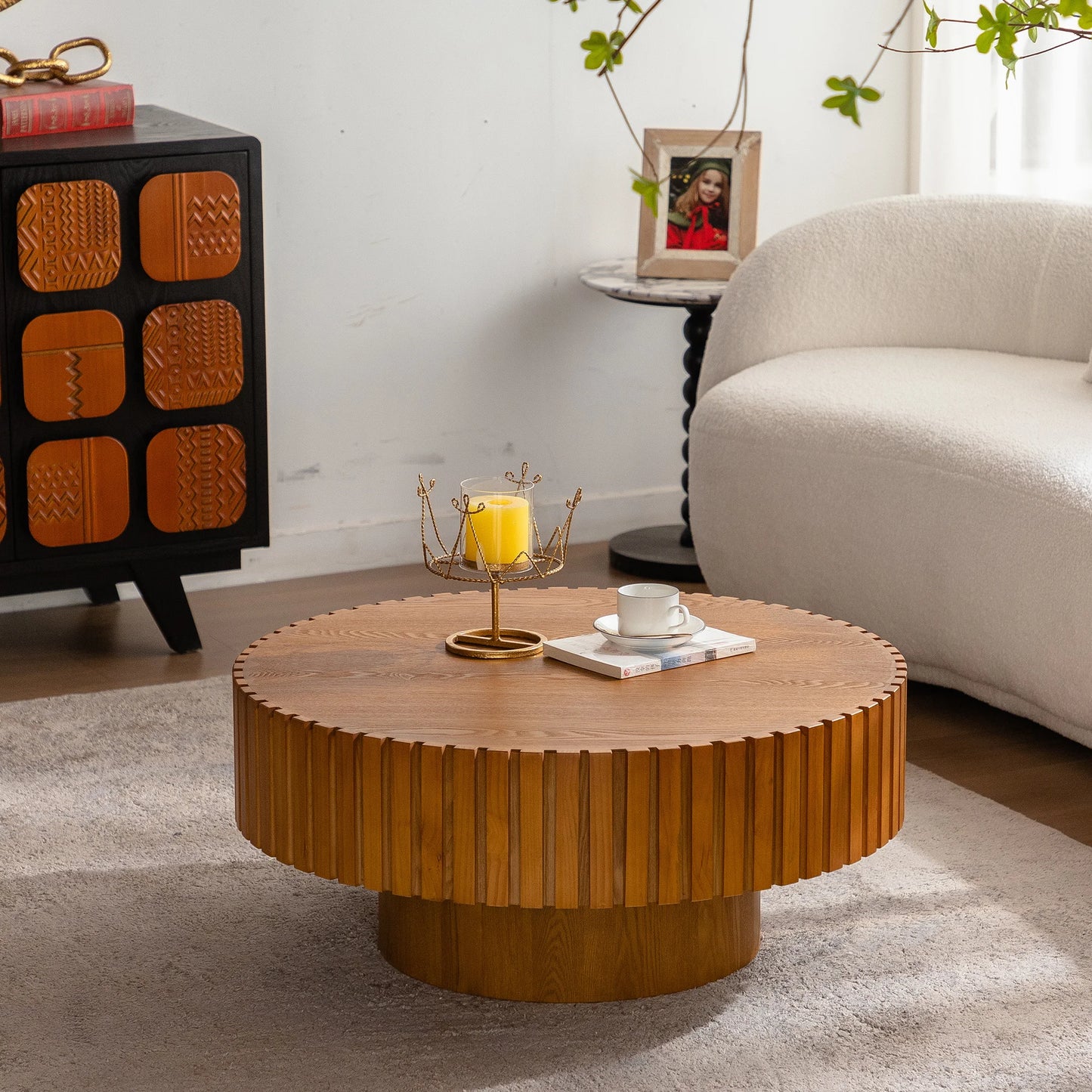 Hot Sale Modern Black Round Table 3D Vertical Grain Coffee Table Set Black Wood Center Table for Home Furniture