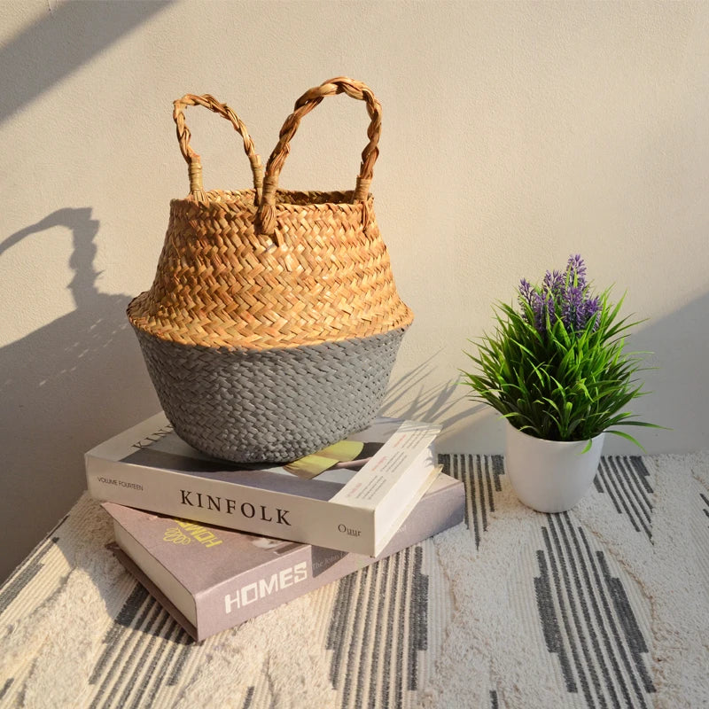 Home Cestas Mimbre Striped Wicker Storage Baskets Laundry Basket Handmade Collapsible Straw Patchwork Seagrass Osier Panier