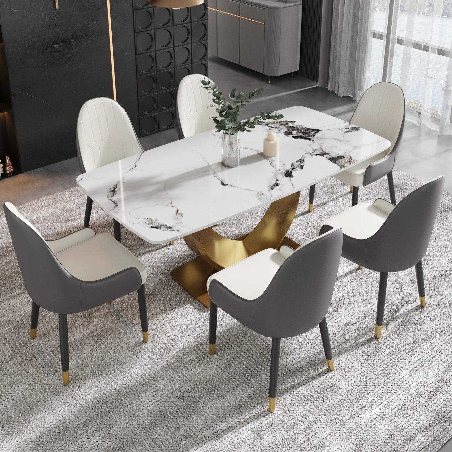 Voxhome US Drop Shipping Home Furniture Luxury Rectangle Dining Table Sintered Stone Marble Texture Top Gold Base Dinner Table