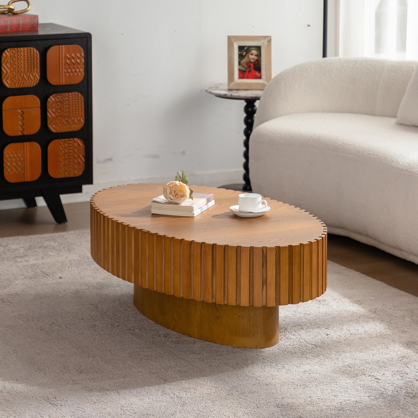 Modern Brown 3D Vertical Grain Coffee Table Set Luxury MDF Wood Style Side Table for Home Living Room Hot Sale Furniture
