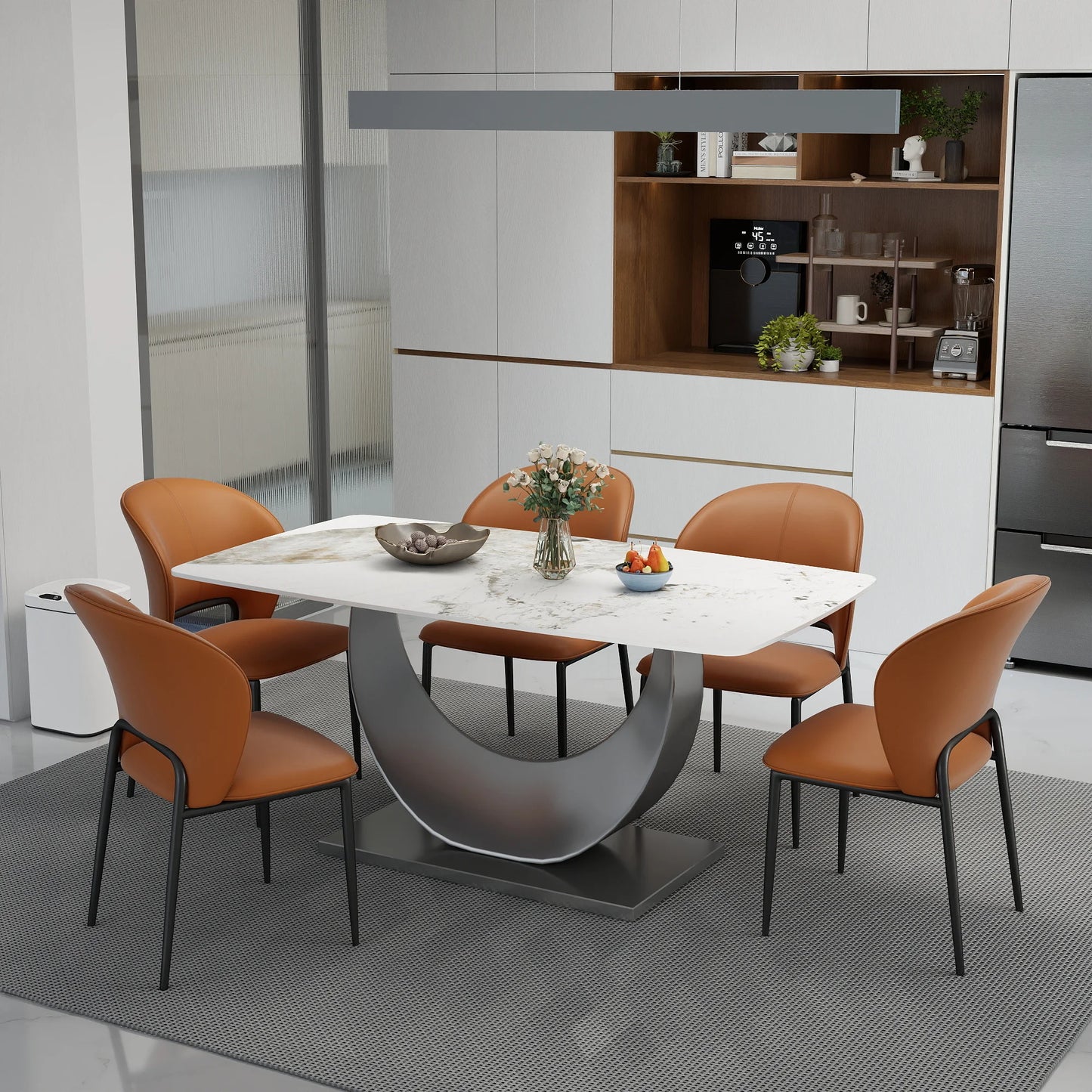 Voxhome US Drop Shipping Dining Room Furniture Luxury Marble Texture Dining Table Sintered Stone Top Gold Base Dinner Table Set