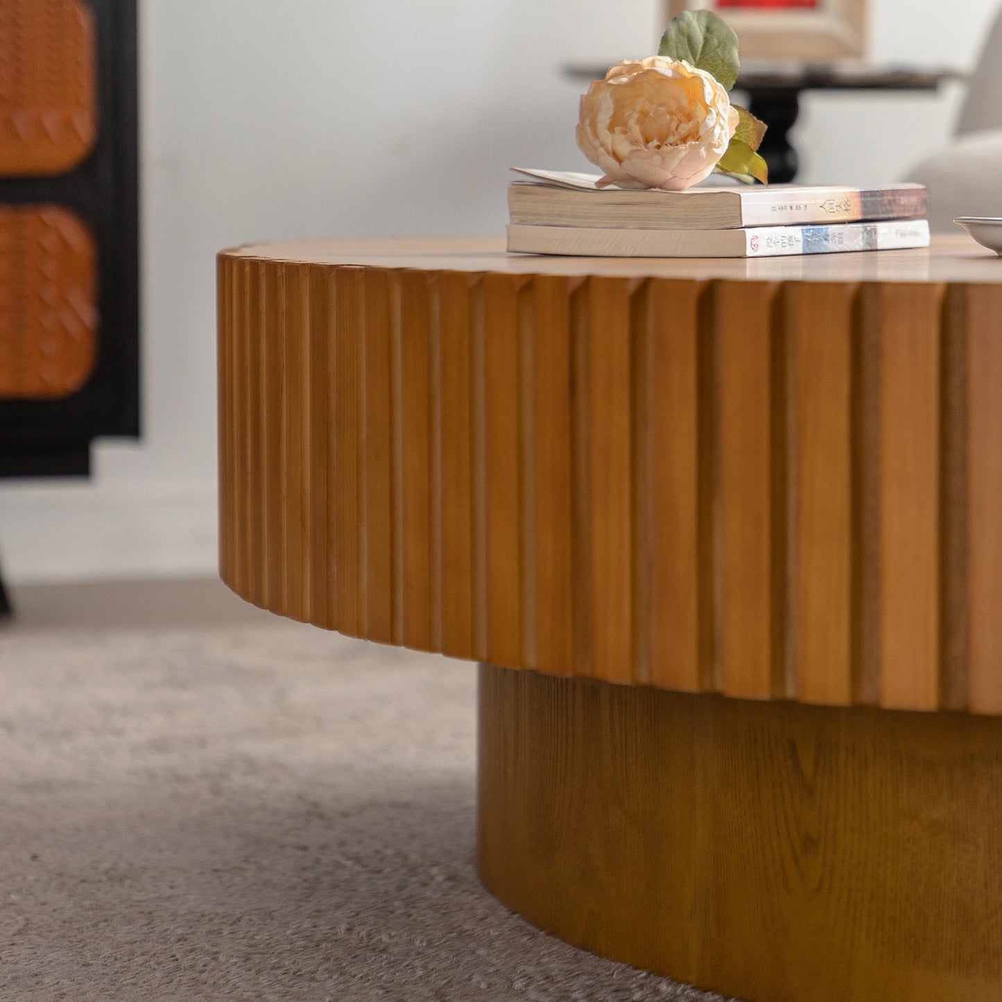 Modern Brown 3D Vertical Grain Coffee Table Set Luxury MDF Wood Style Side Table for Home Living Room Hot Sale Furniture