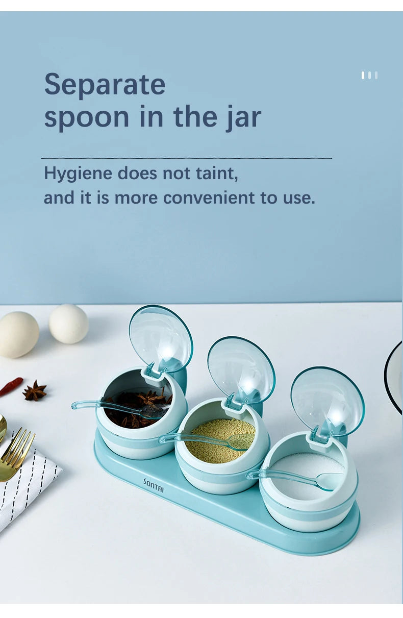 Kitchen Seasoning Box, Condiment Organizer, Spices Rack Storage Jars with Spoon Lid, Salt, Sugar and Pepper Shakers