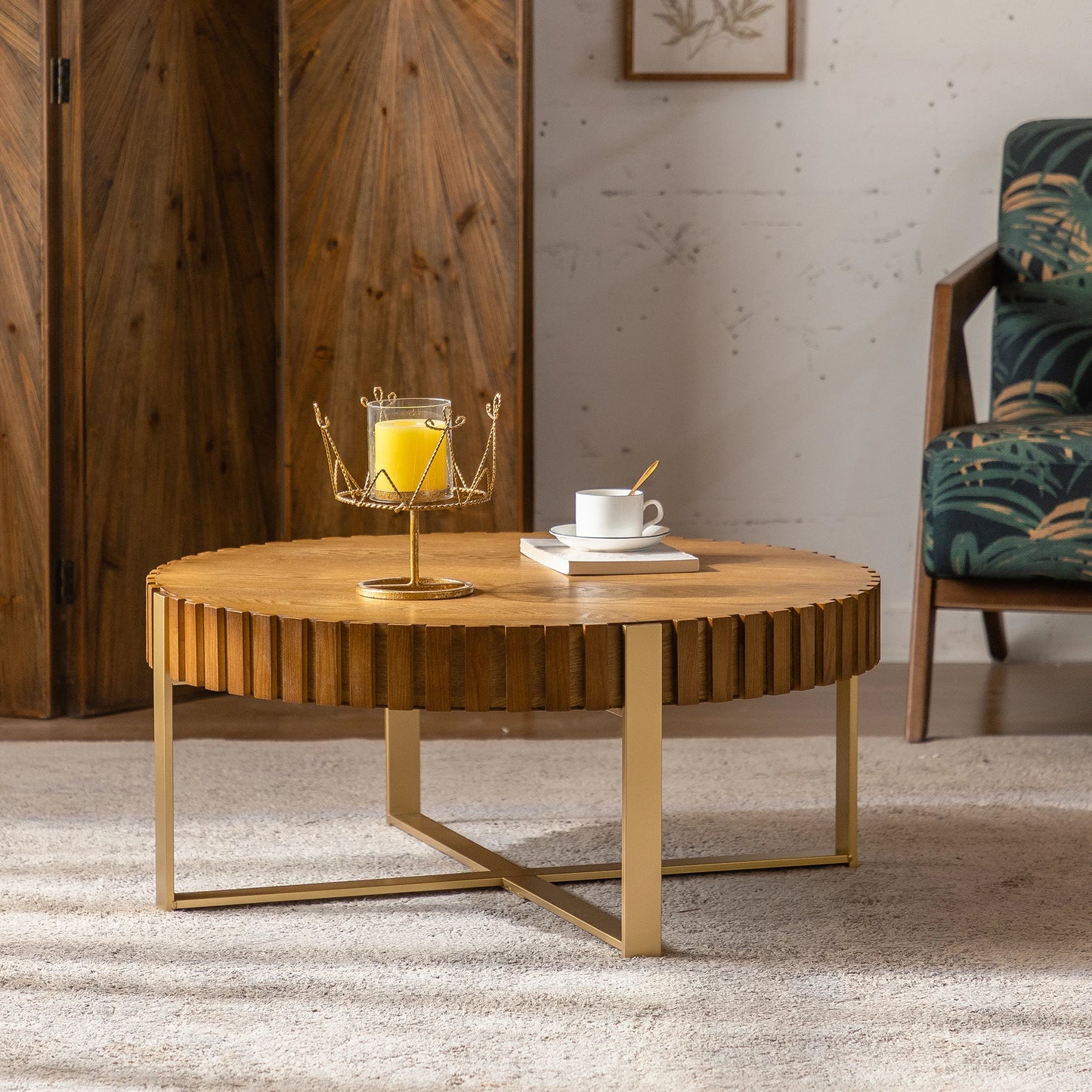 America Overseas Warehouse Home Furniture Hot Sale Geometric Three-dimensional Wood Grain Coffee Table  Material Metal Base