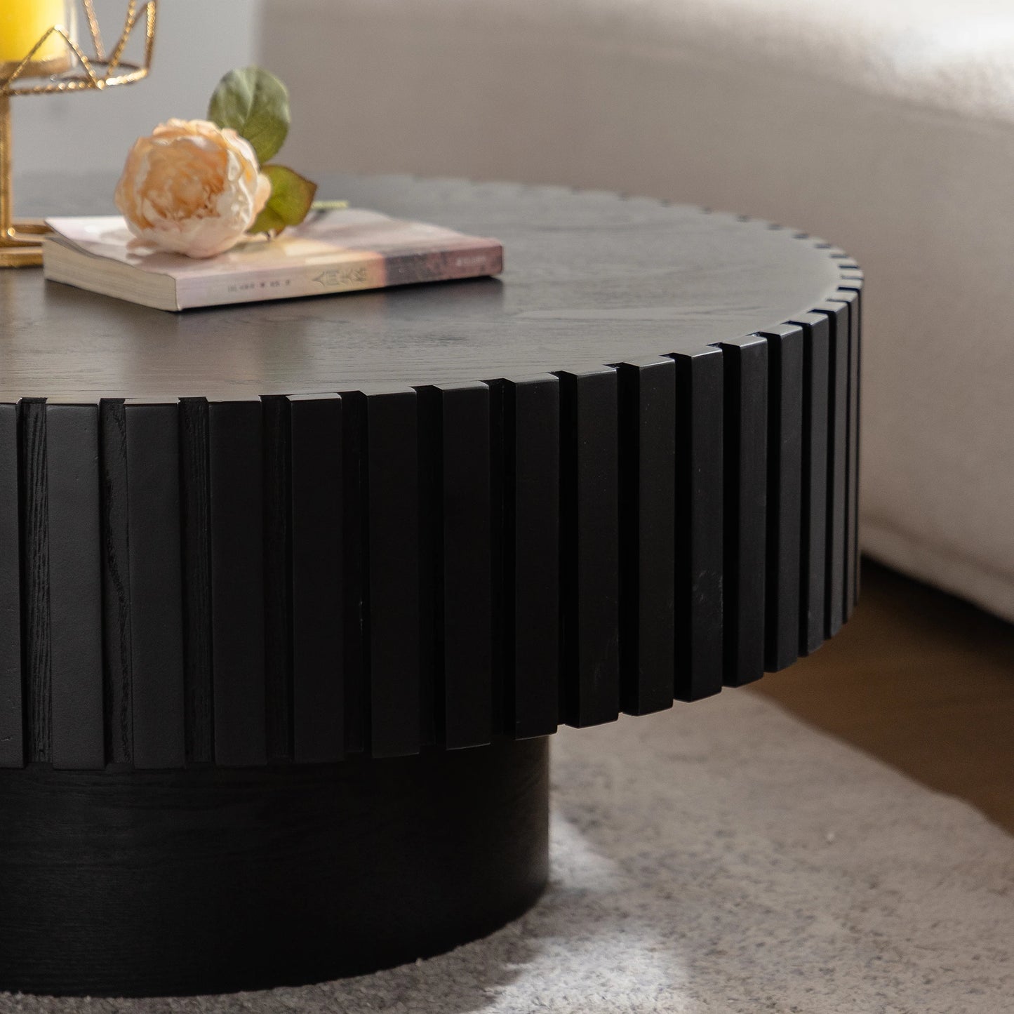 Hot Sale Modern Black Round Table 3D Vertical Grain Coffee Table Set Black Wood Center Table for Home Furniture