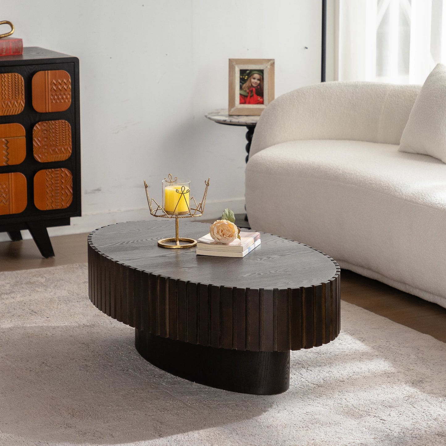Modern Brown 3D Vertical Grain Coffee Table Set Luxury MDF Wood Style Side Table for Home Living Room Hot Sale Furniture