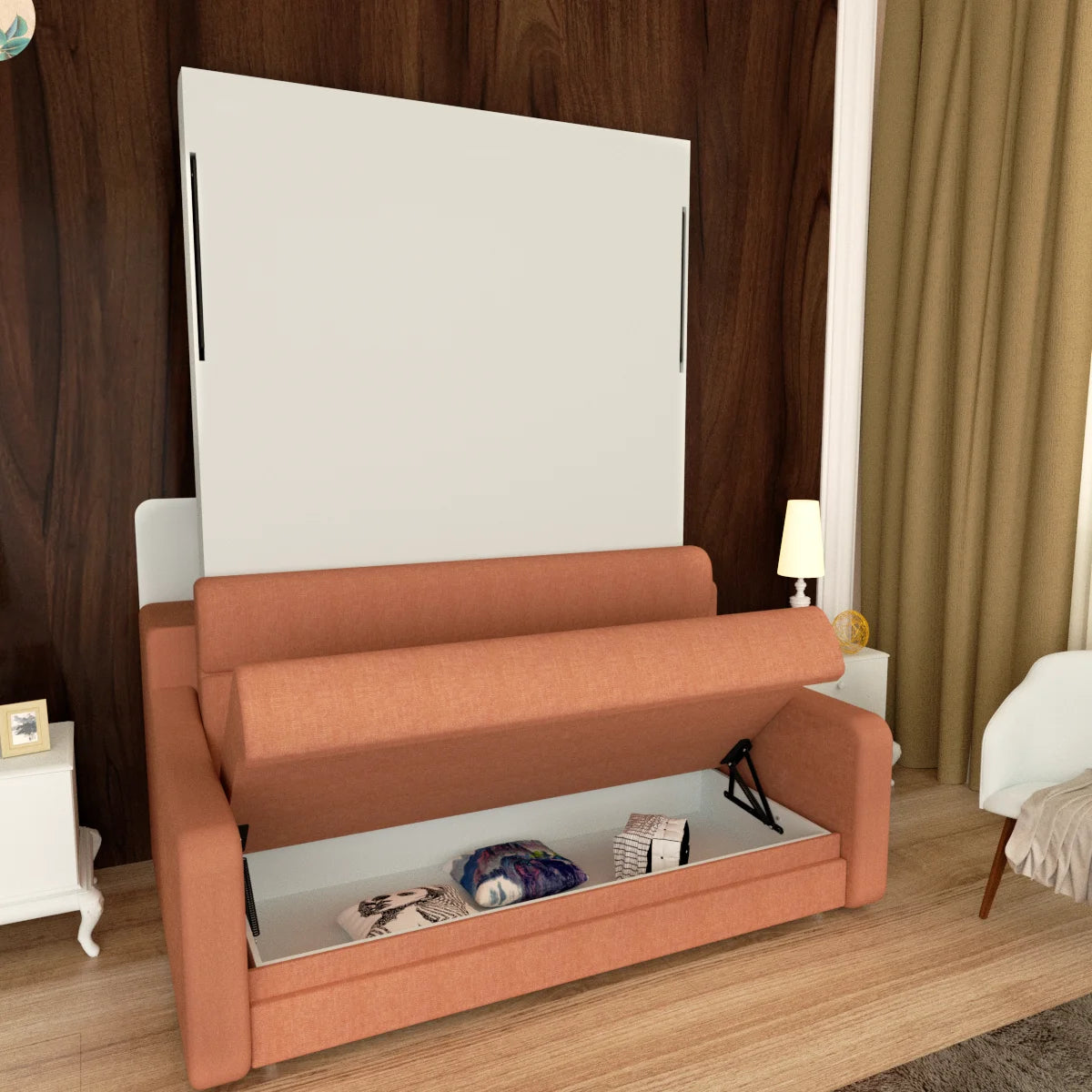 Modern Transformable Folding Sofa Wall Bed Space-Saving US Stock Bedroom Furniture with Wood Panel Style