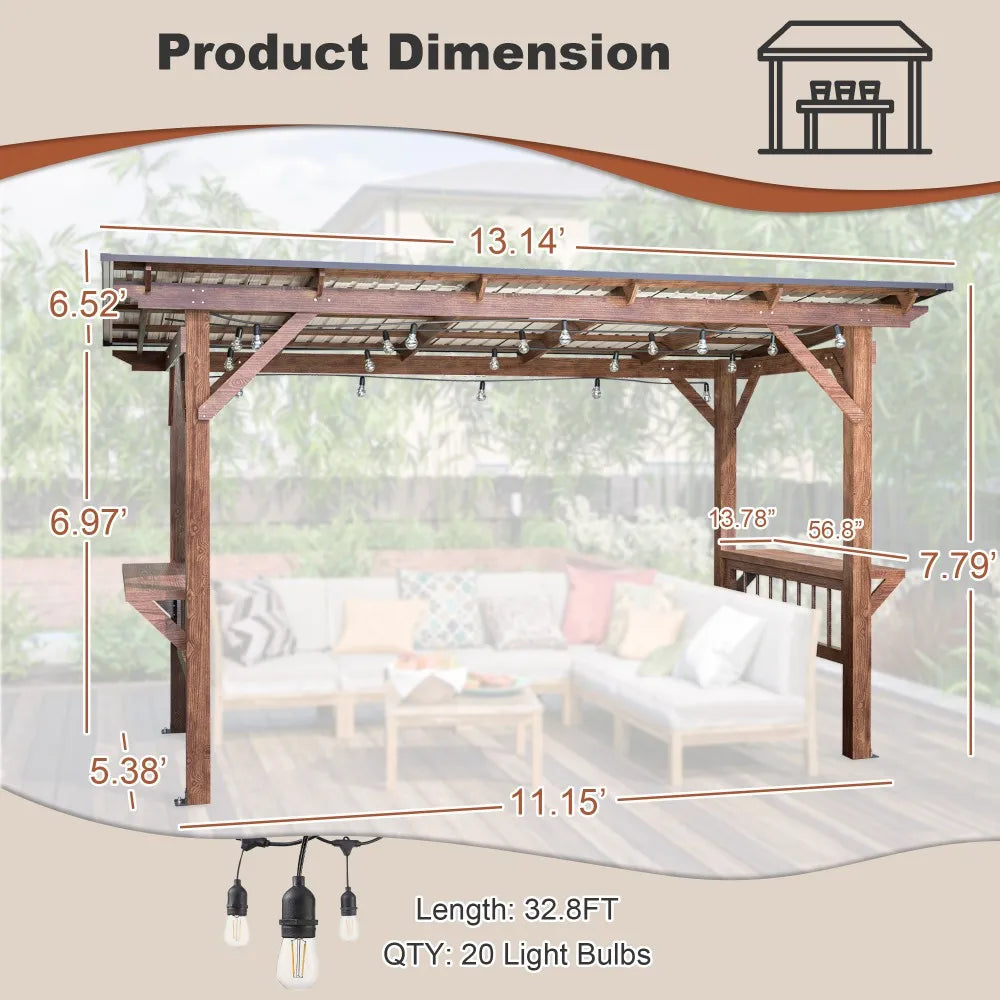 Modern Wooden Pergola Grill Gazebo with Metal Roof, LED Lighting & Bar Counters (13′ × 6.5′)