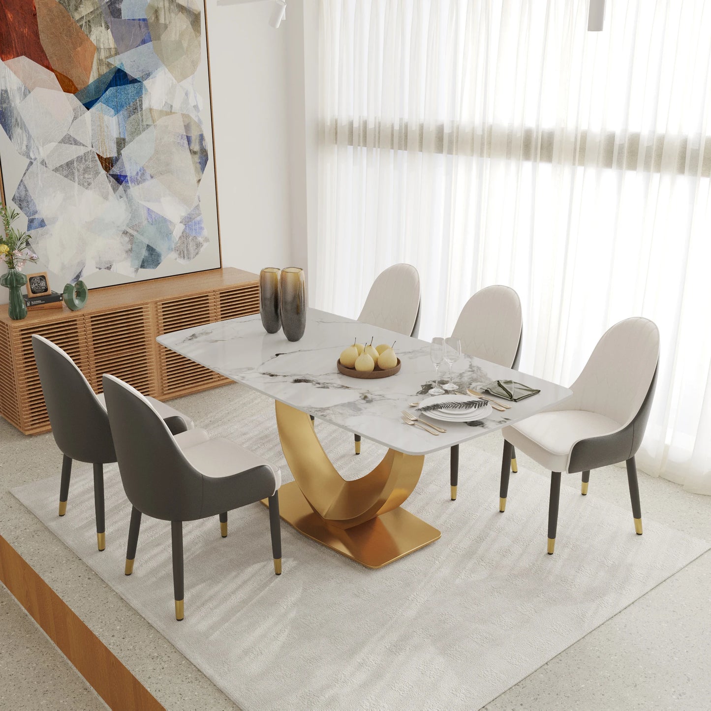 Voxhome US Drop Shipping Home Furniture Luxury Rectangle Dining Table Sintered Stone Marble Texture Top Gold Base Dinner Table