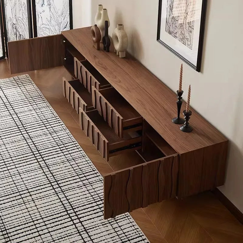 High-End Solid Wood TV Cabinet and Coffee Table Combination Black Walnut Color Floor-Standing Furniture for Living Room Use