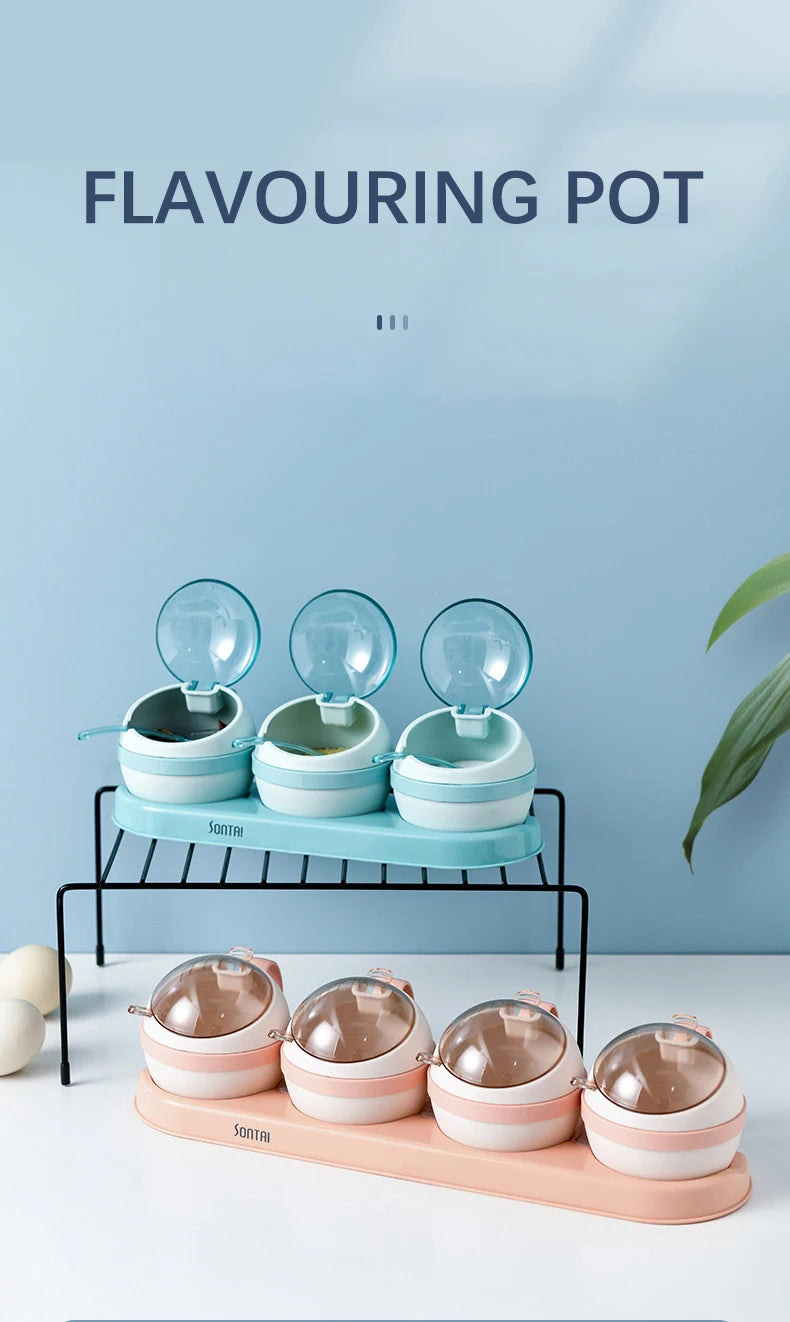 Kitchen Seasoning Box, Condiment Organizer, Spices Rack Storage Jars with Spoon Lid, Salt, Sugar and Pepper Shakers