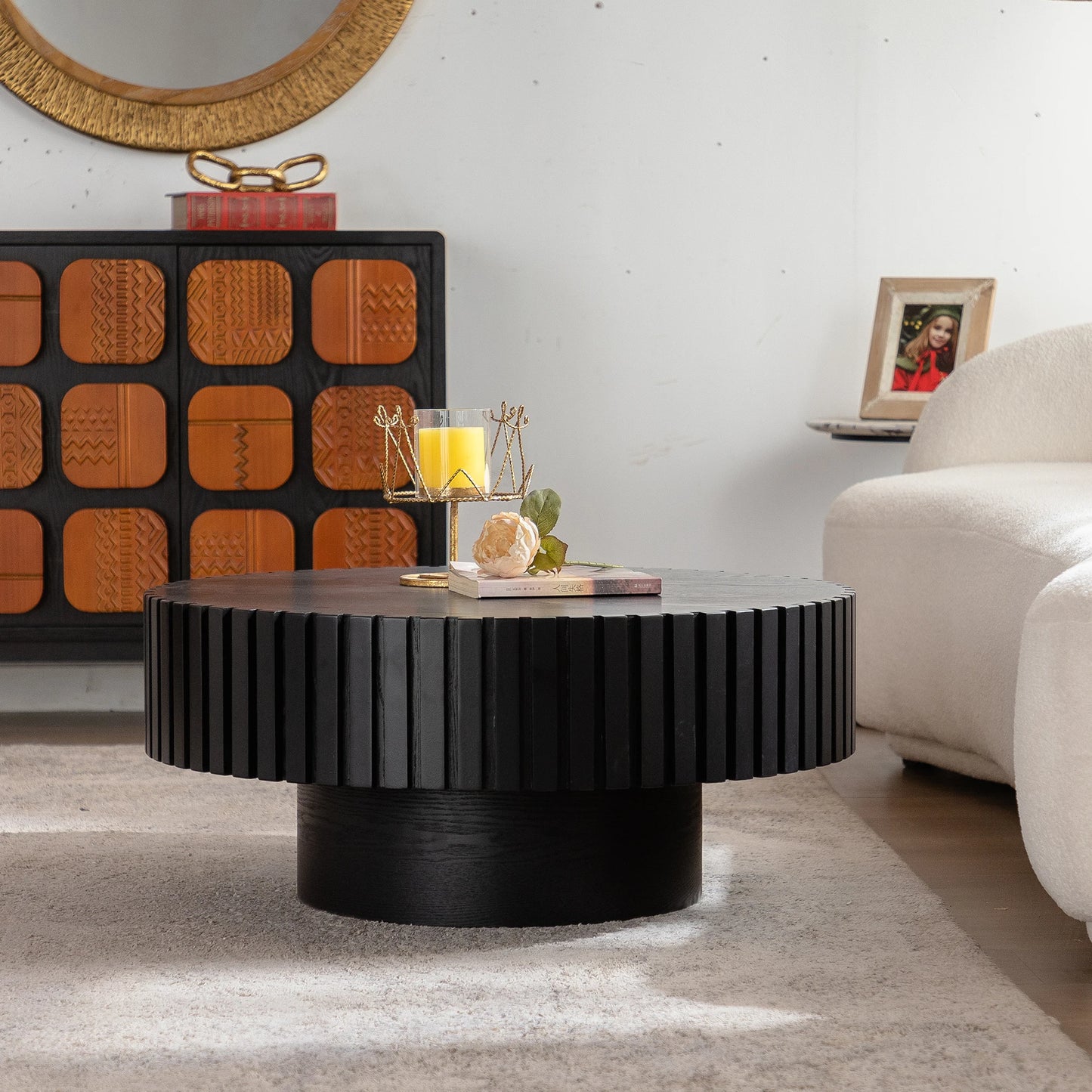 Hot Sale Modern Black Round Table 3D Vertical Grain Coffee Table Set Black Wood Center Table for Home Furniture