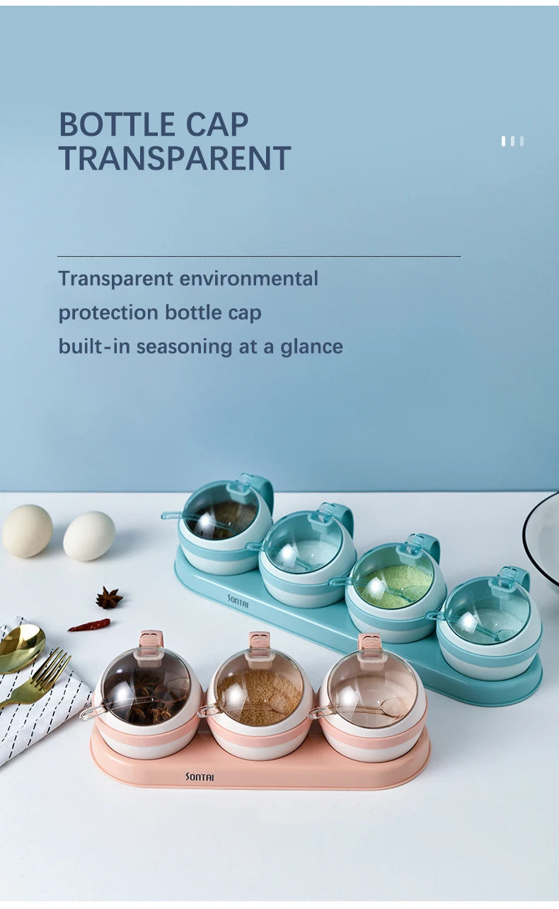 Kitchen Seasoning Box, Condiment Organizer, Spices Rack Storage Jars with Spoon Lid, Salt, Sugar and Pepper Shakers