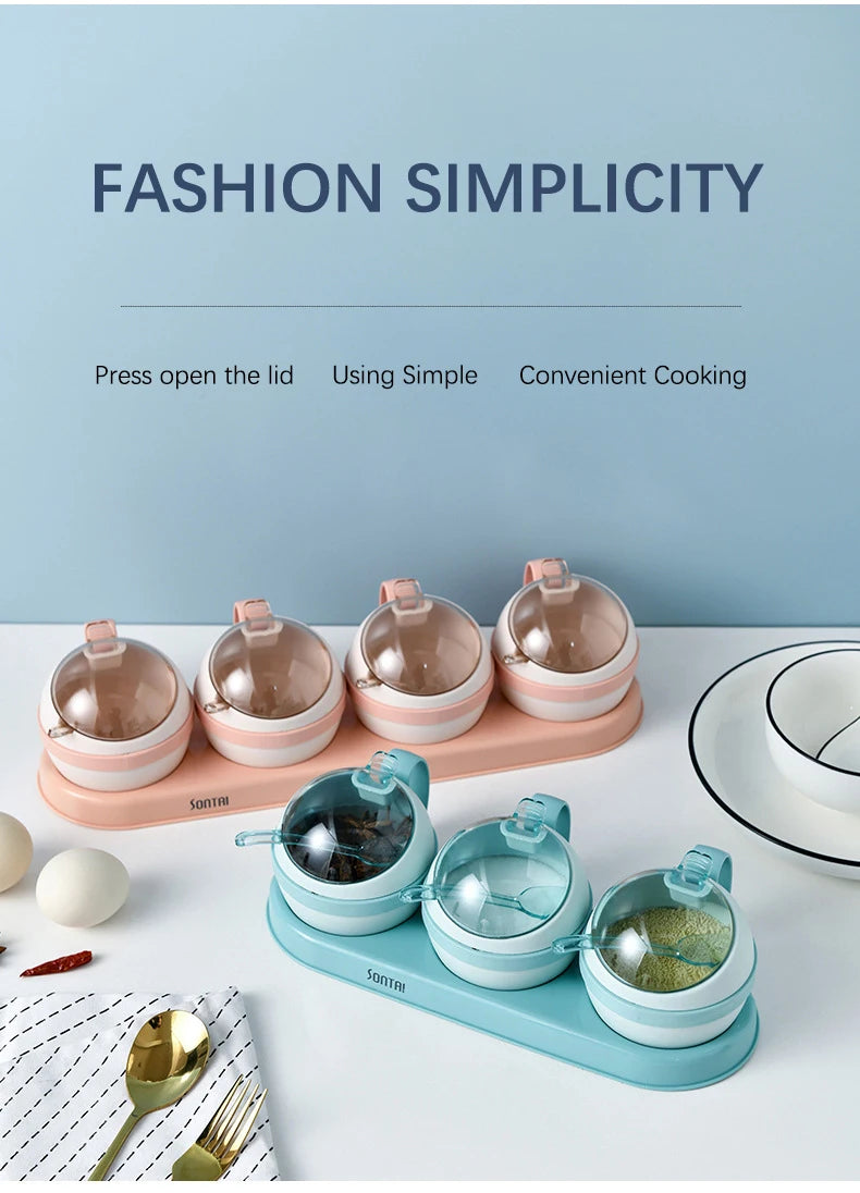 Kitchen Seasoning Box, Condiment Organizer, Spices Rack Storage Jars with Spoon Lid, Salt, Sugar and Pepper Shakers