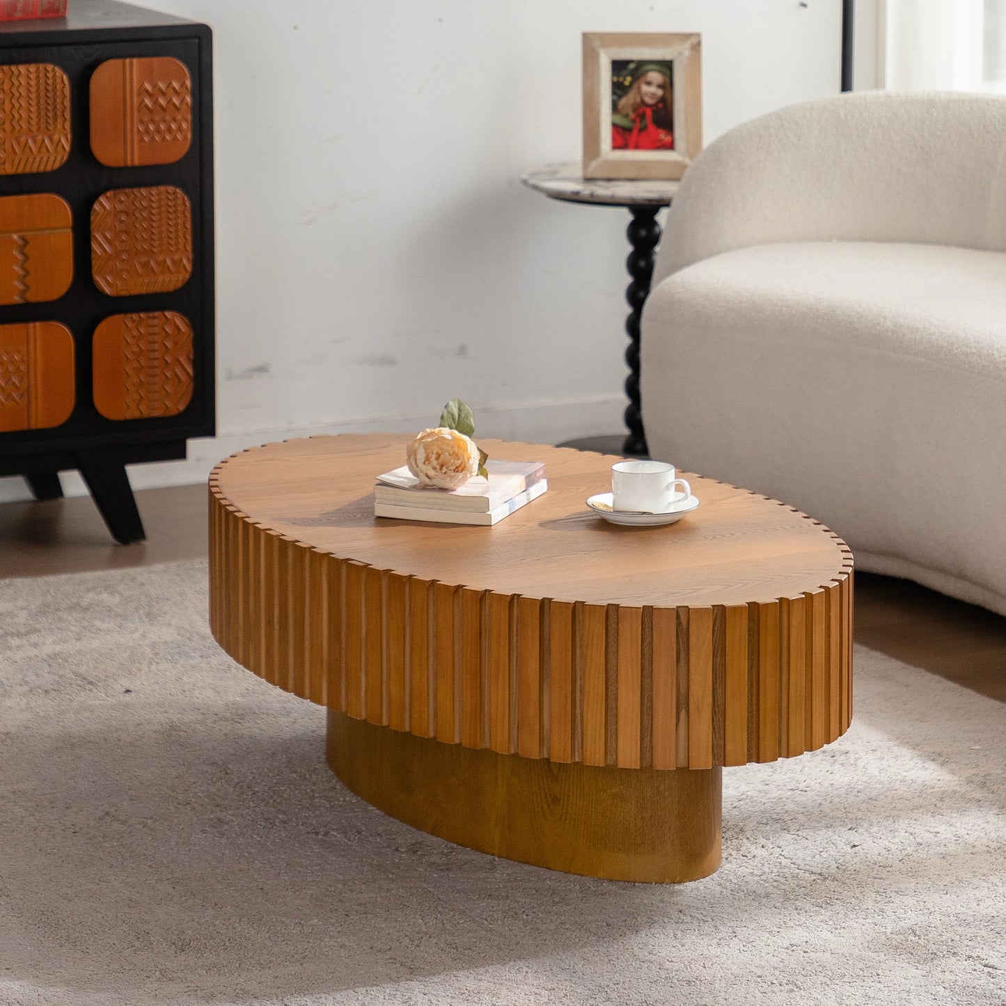 Modern Brown 3D Vertical Grain Coffee Table Set Luxury MDF Wood Style Side Table for Home Living Room Hot Sale Furniture