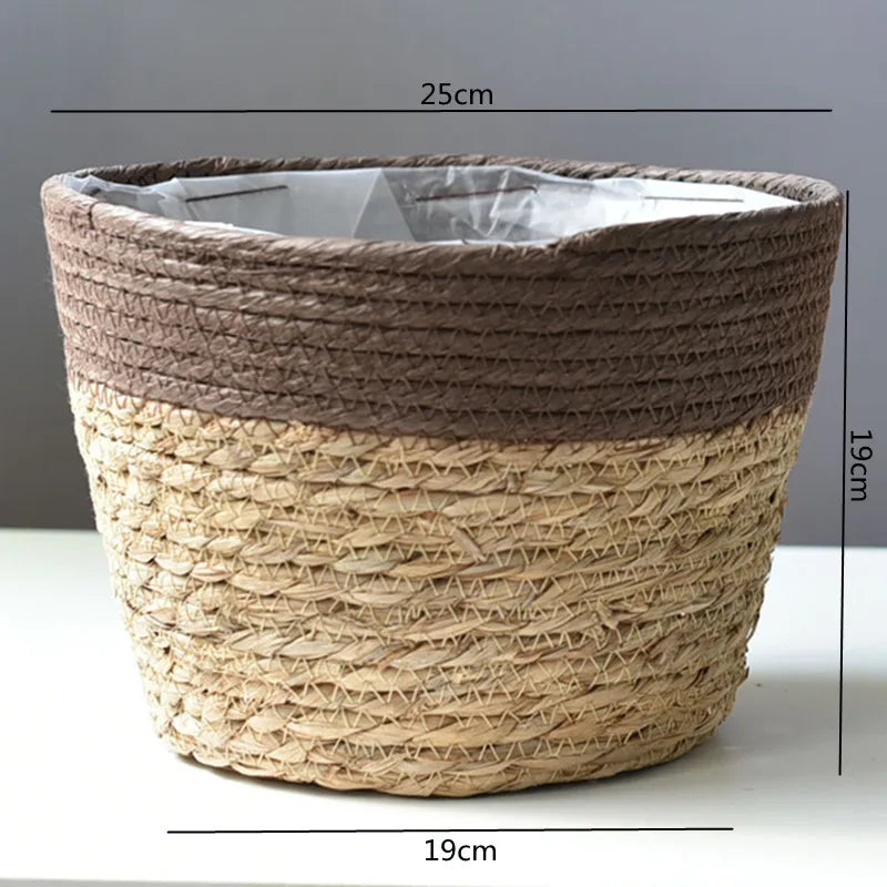 Handwoven Straw Plant Basket — Natural Indoor & Outdoor Planter Cover