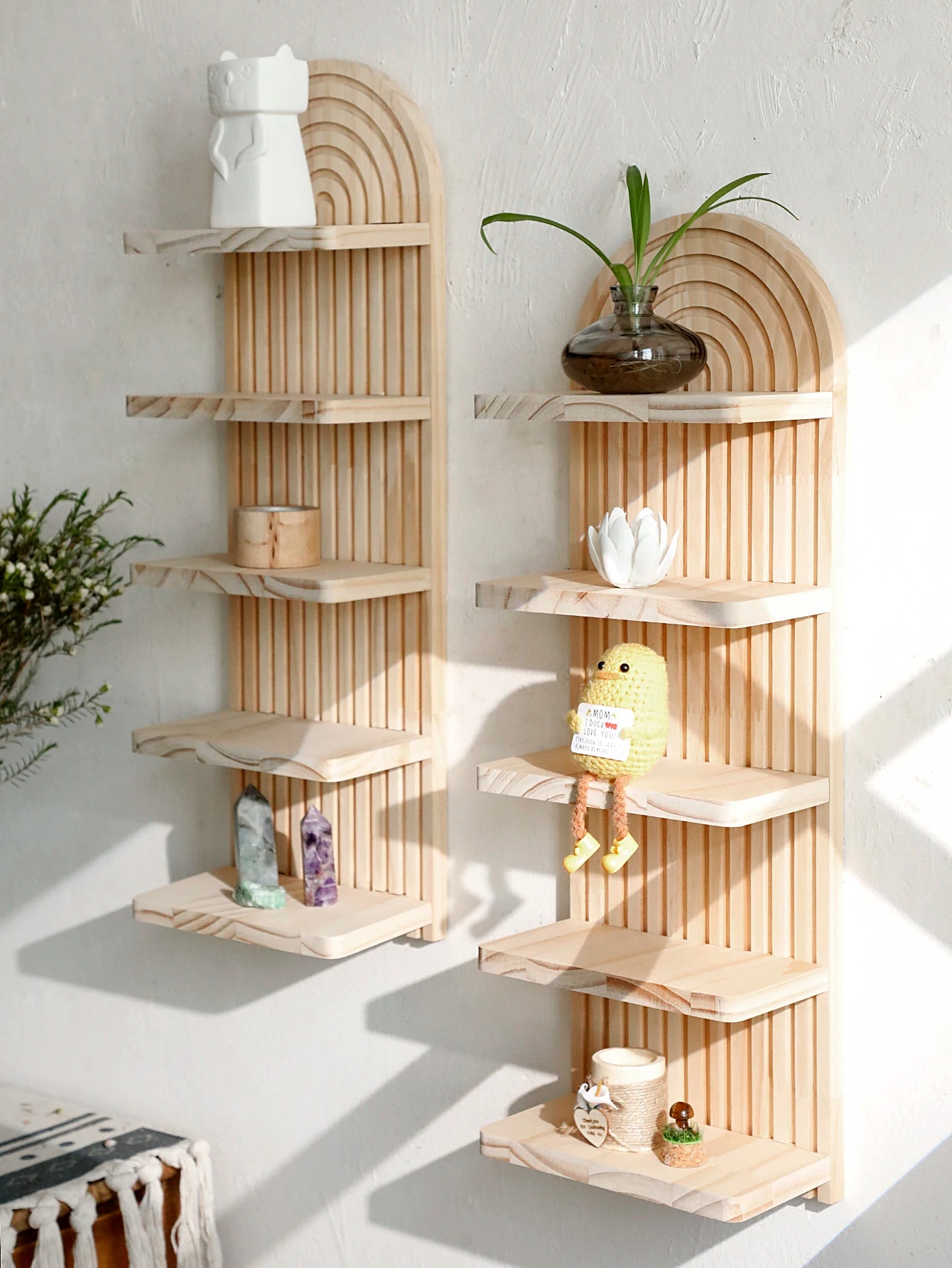 5-Tier Arched Wooden Wall Shelf – Natural Floating Display