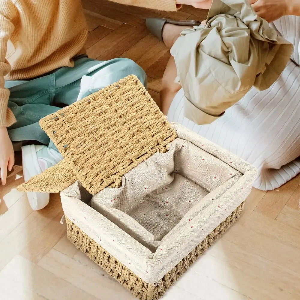 Hand Woven Wicker Storage Baskets Bohemia Hollow Out Decorative Bins Rectangular Portable Storage Basket Desk Decoration